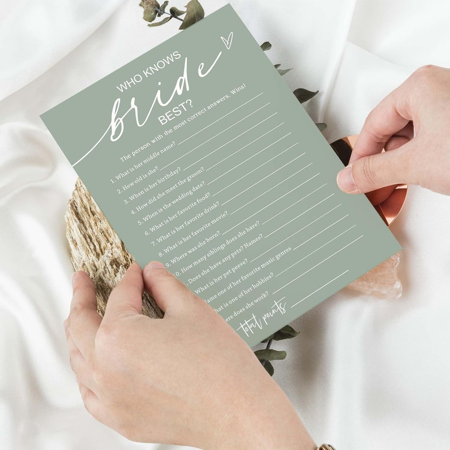 Bridal Shower Games Cards, 25 Guests, Modern, Green, Educational, Adult, Manual, English, 5 x 7 inches