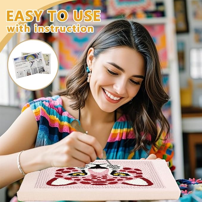 Doodlream Pink Leopard DIY Punch Needle Embroidery Kit for Adult Beginner, 9.4" Pink Leopard Punch Stitching Craft Set for Starter with Frame, Fabric Pattern, Threader, Yarn, Pinch Needle