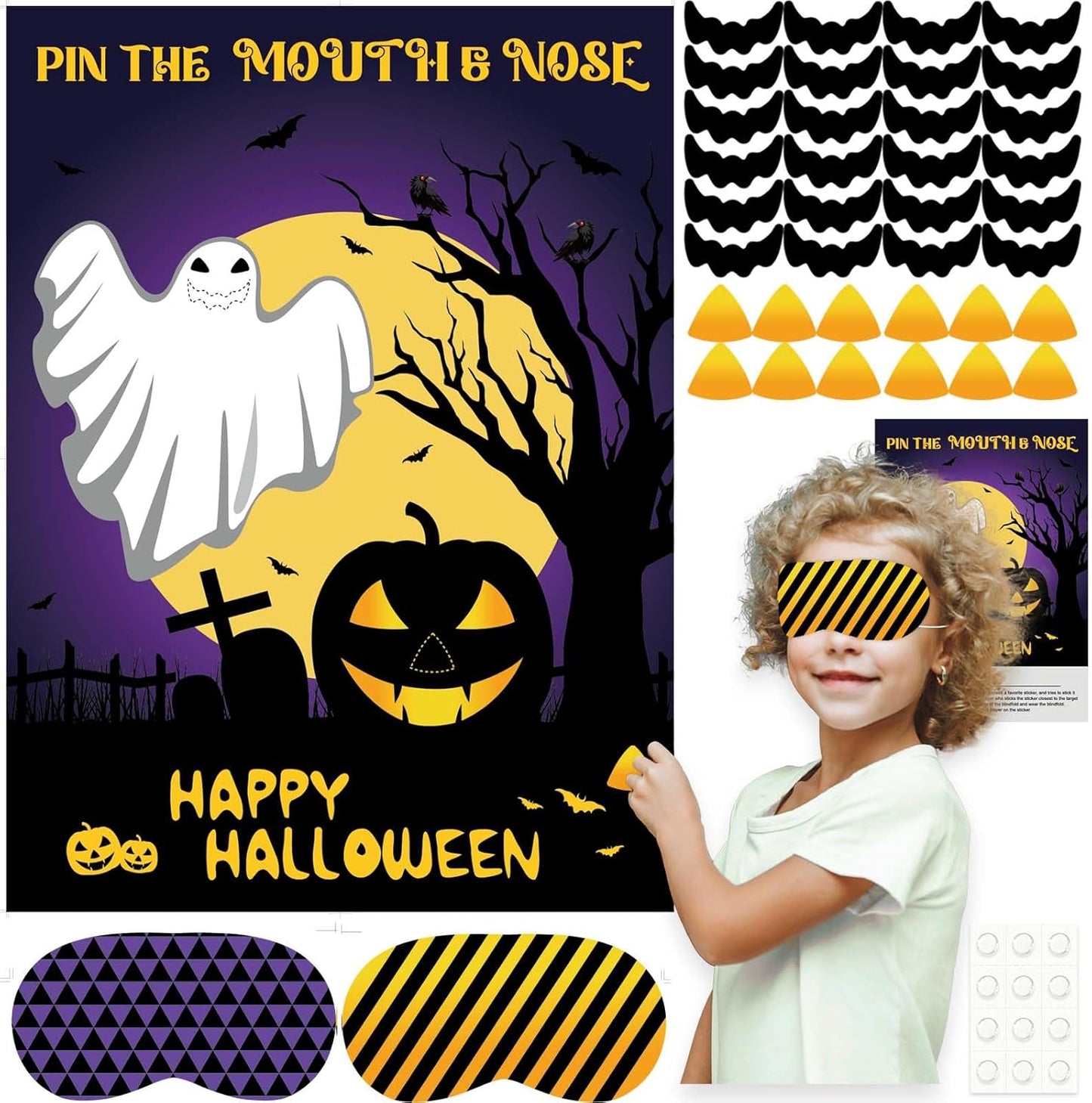 ASTARON Halloween Party Games, Pin The Mouth on Ghost Halloween Party Activities Classroom Games for Children, Kids Birthday Party Games Halloween Party Supplies