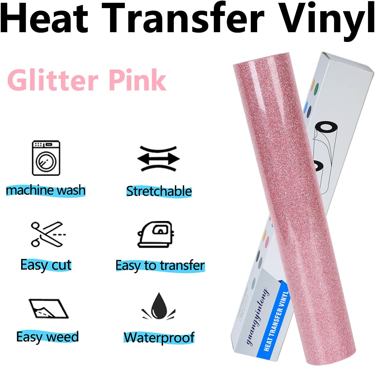guangyintong Glitter Pink Heat Transfer Vinyl HTV Rolls, 12" x 8ft Iron on Vinyl for T-Shirts Glitter Pink HTV Vinyl for All Cutter Machines Easy to Cut & Weed for Heat Vinyl Design