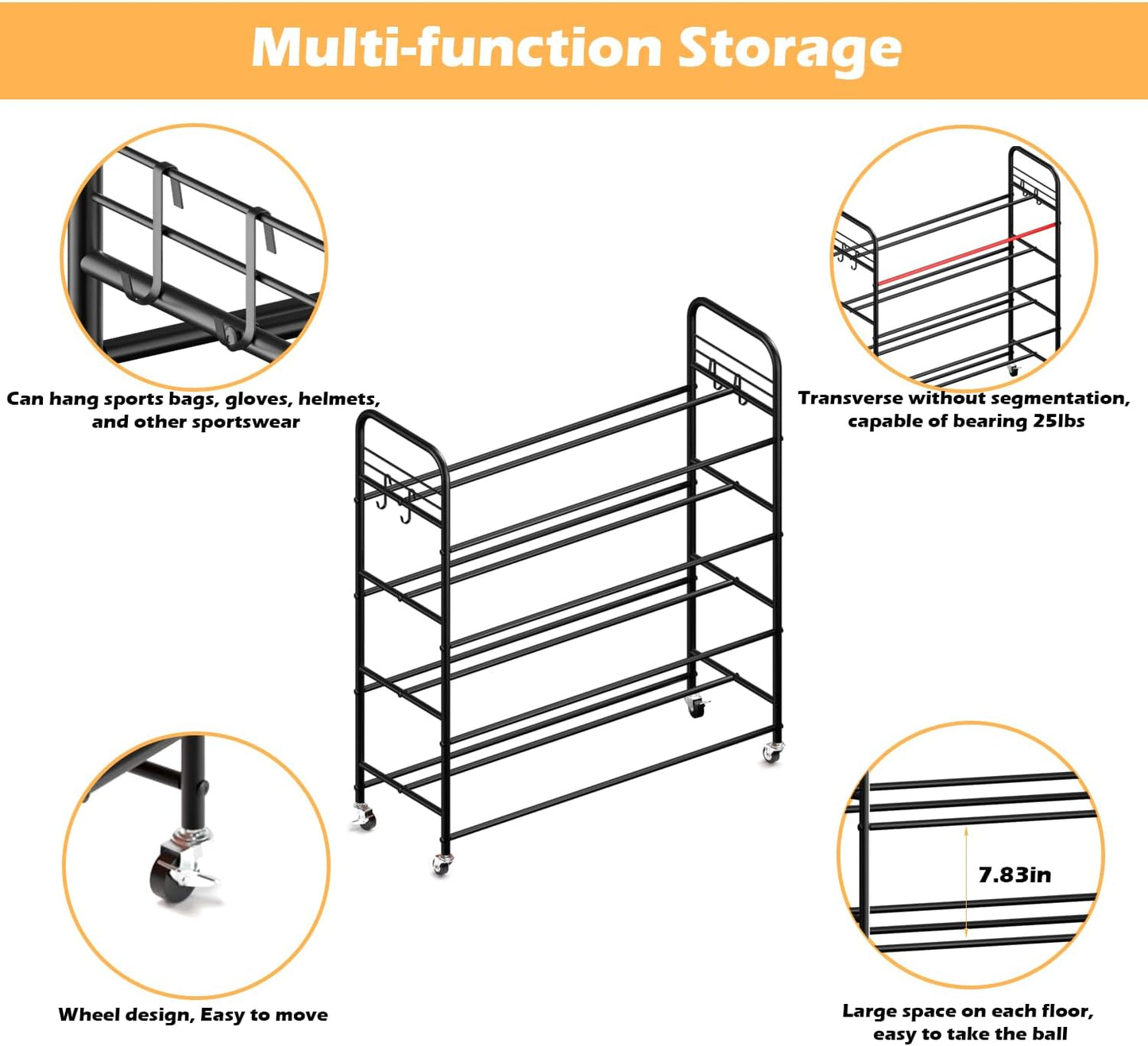 Ball Storage - 22.83" Basketball Cart With Wheels Garage Volleyball Storage Sport Equipment Holder Organizer For Indoor Outdoor,Metal Storage Rack For Playgroup,Gym And School