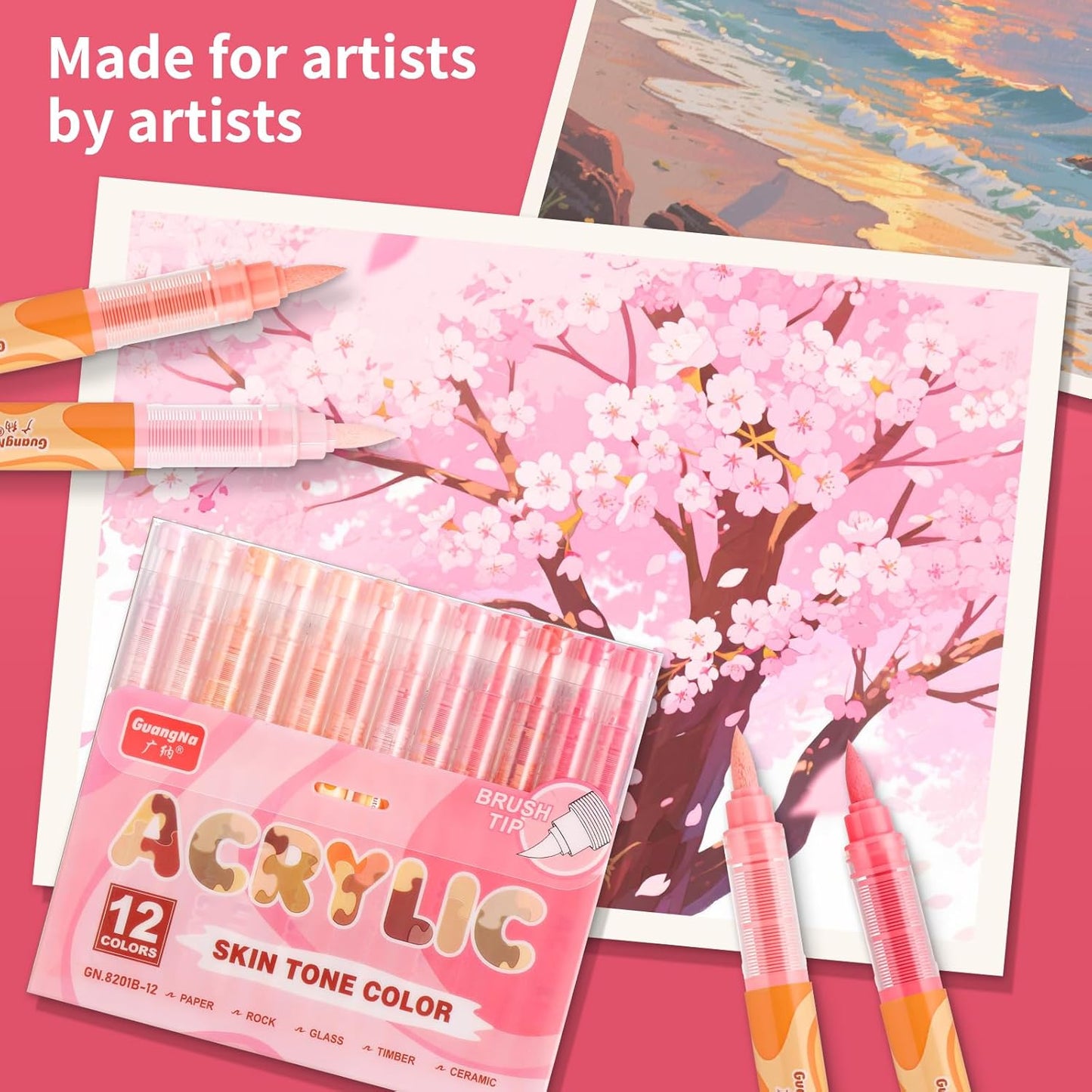 Guangna Acrylic Paint Markers 12 Colors, Skin Tone Series Set with Soft Brush Tip Water Based, Fine Tip Markers for Wood, Canvas, Rock Painting, Glass, Diy Crafts, Fabric Paint