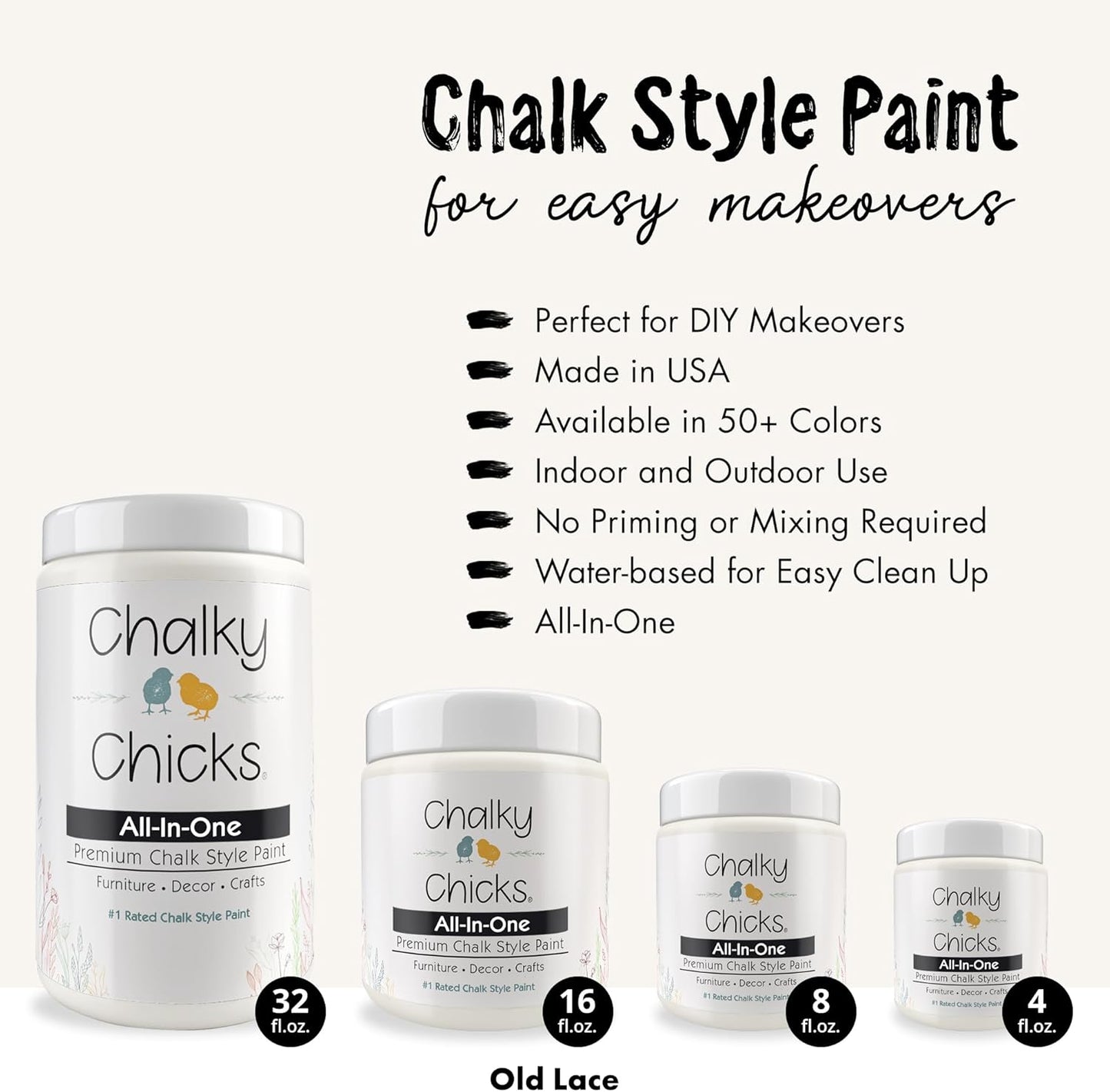 Chalky Chicks All-in-One Chalk Paint for Furniture or Cabinet - 4 Fl Oz - Matte Finish Old Lace (Off White) for Metal, Wood Furniture Paint - No Sanding All-in-One for Home Decor & Crafts, USA Made