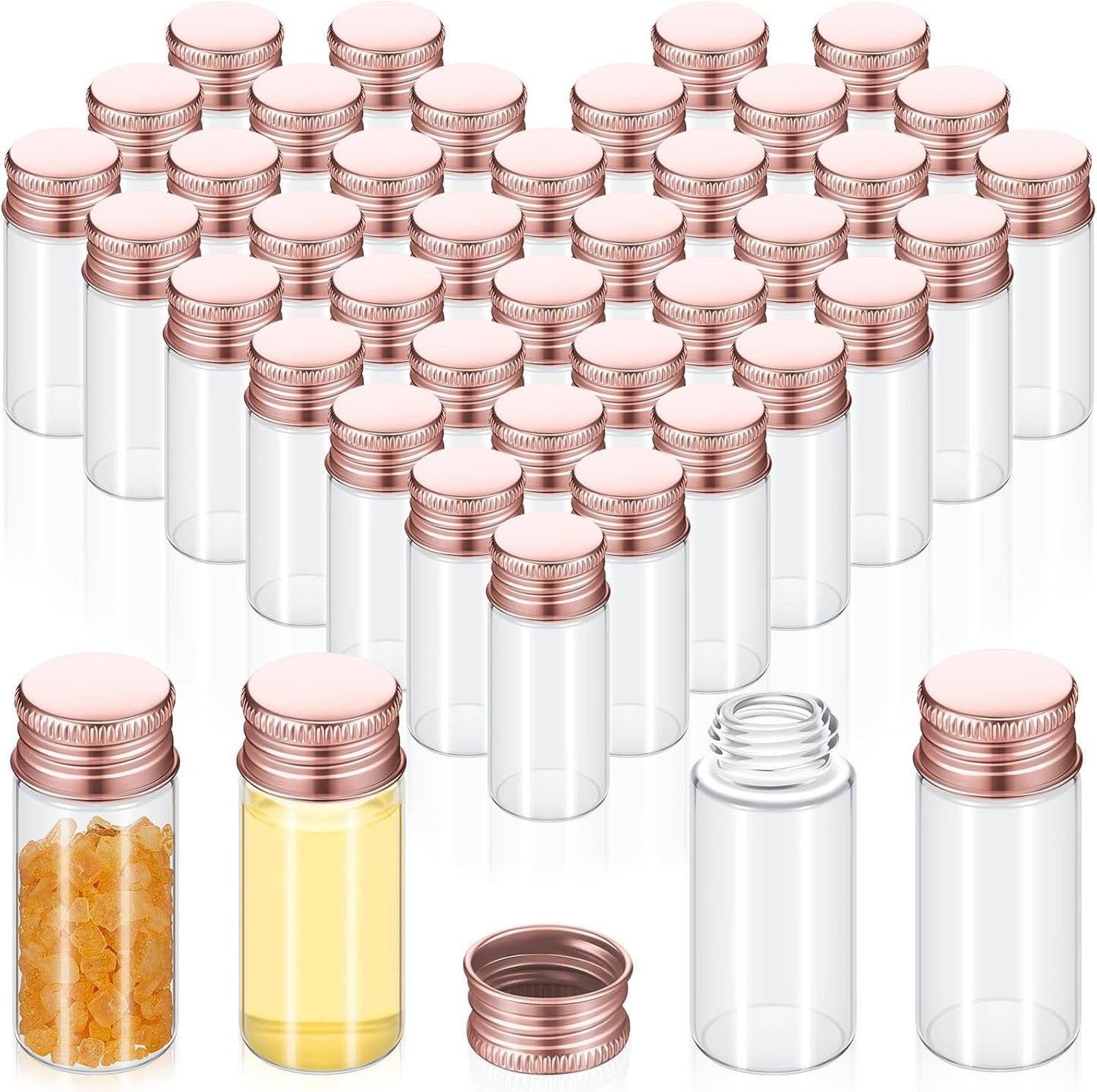 100 Pcs Small Clear Vials Spice Mini Jars with Lids Mini Glass Bottles with Screw Aluminum Metal Caps Tiny Jars Sample Containers for Powder Cream Cosmetic Jewelry Wedding (10 ml,Rose Gold)