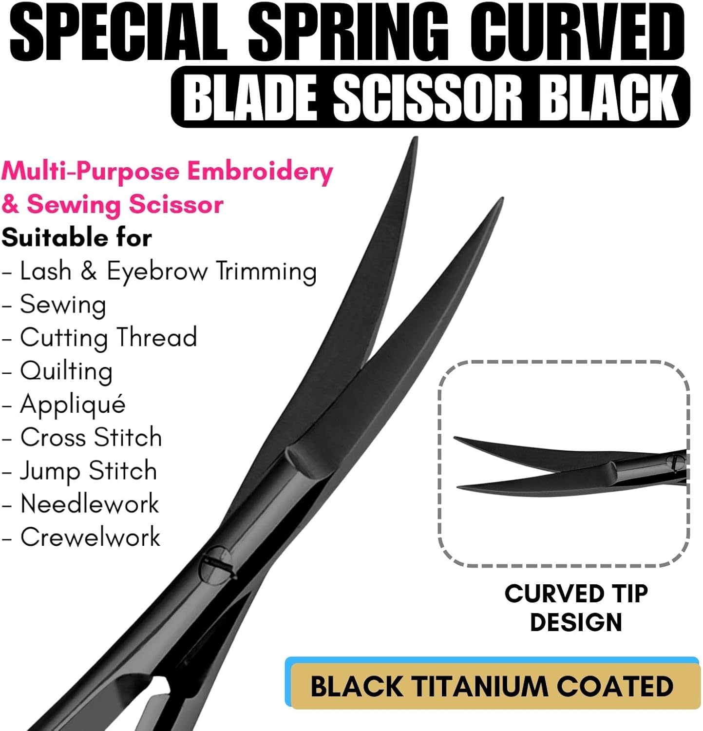 Cross Edge Curved Spring Scissors 5 Inch Stainless Steel Precision Eyebrow & Eyelash Shaping & Trimming Scissor, Snips Squeeze, Embroidery, Knitting Micro Tip Craft Scissors (Black)
