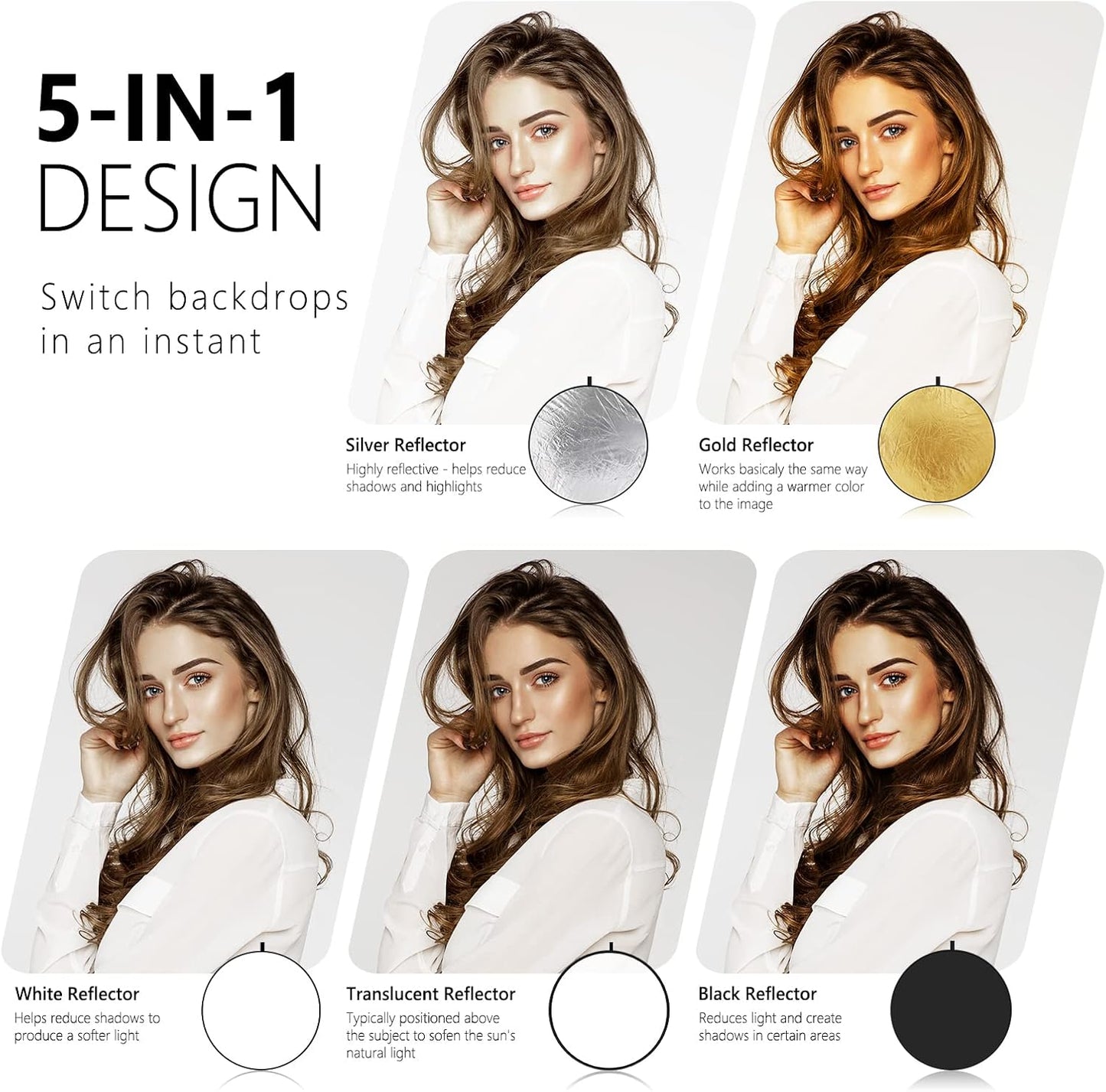 NEEWER 43 Inch/110 Centimeter Light Reflector Diffuser 5 in 1 Collapsible Multi Disc with Bag - Translucent, Silver, Gold, White, and Black for Studio Photography Lighting Outdoor