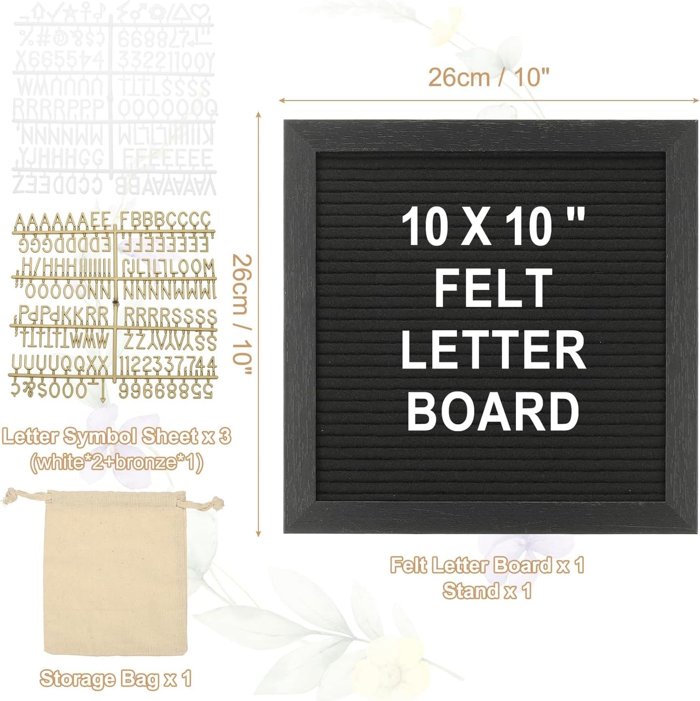 PATIKIL Felt Letter Board, 10x10Inches Black Wooden Changeable Message Board with Storage Bag Stand for Kitchen Menu Farmhouse Decor Notes, White Bronze Letter