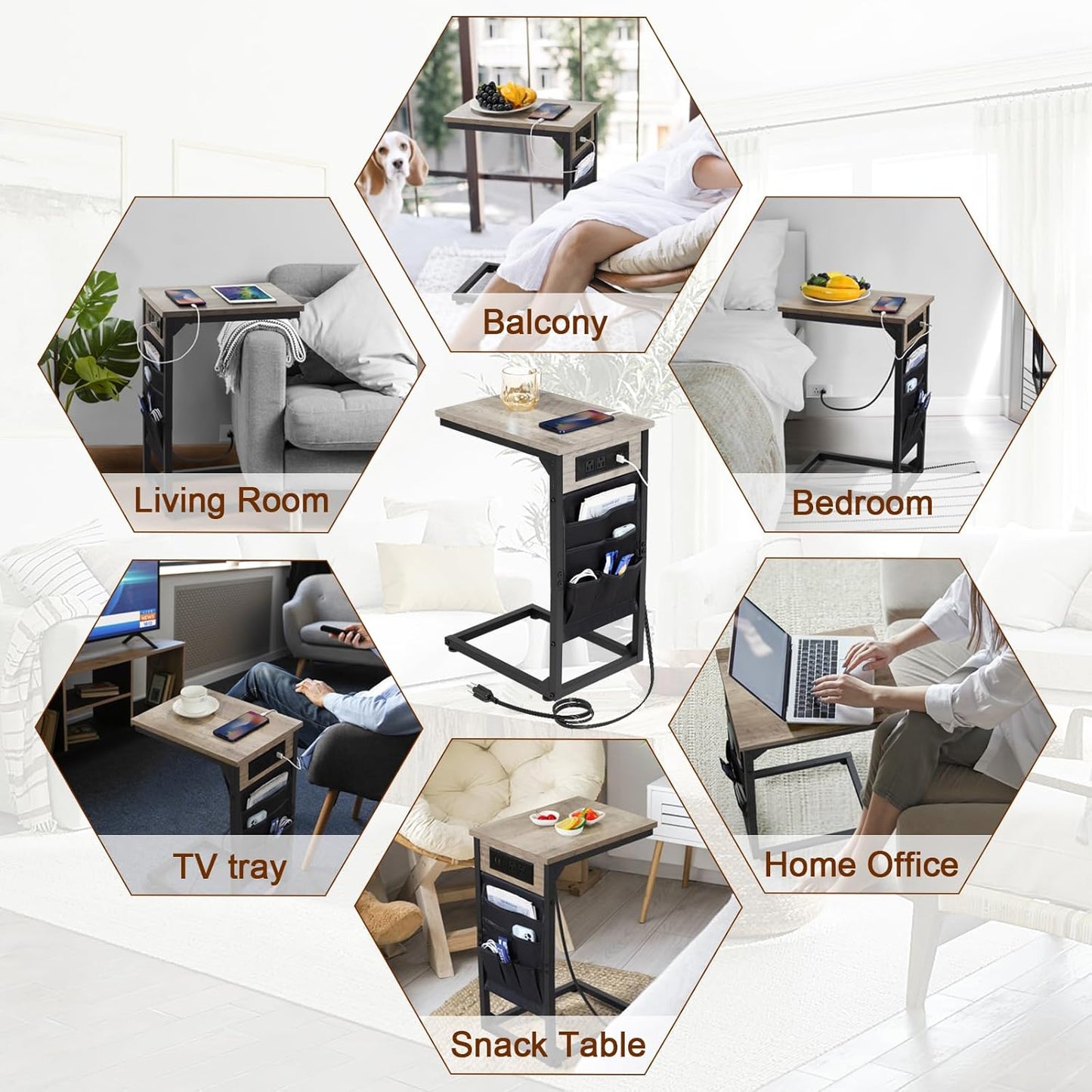 AMHANCIBLE C Shaped End Table with Charging Station, TV Tray Set of 2, Couch Tables with Storage Bag, Slide Under Sofa Side Table with USB Ports and Outlets for Living Room, Grey HET04CGY