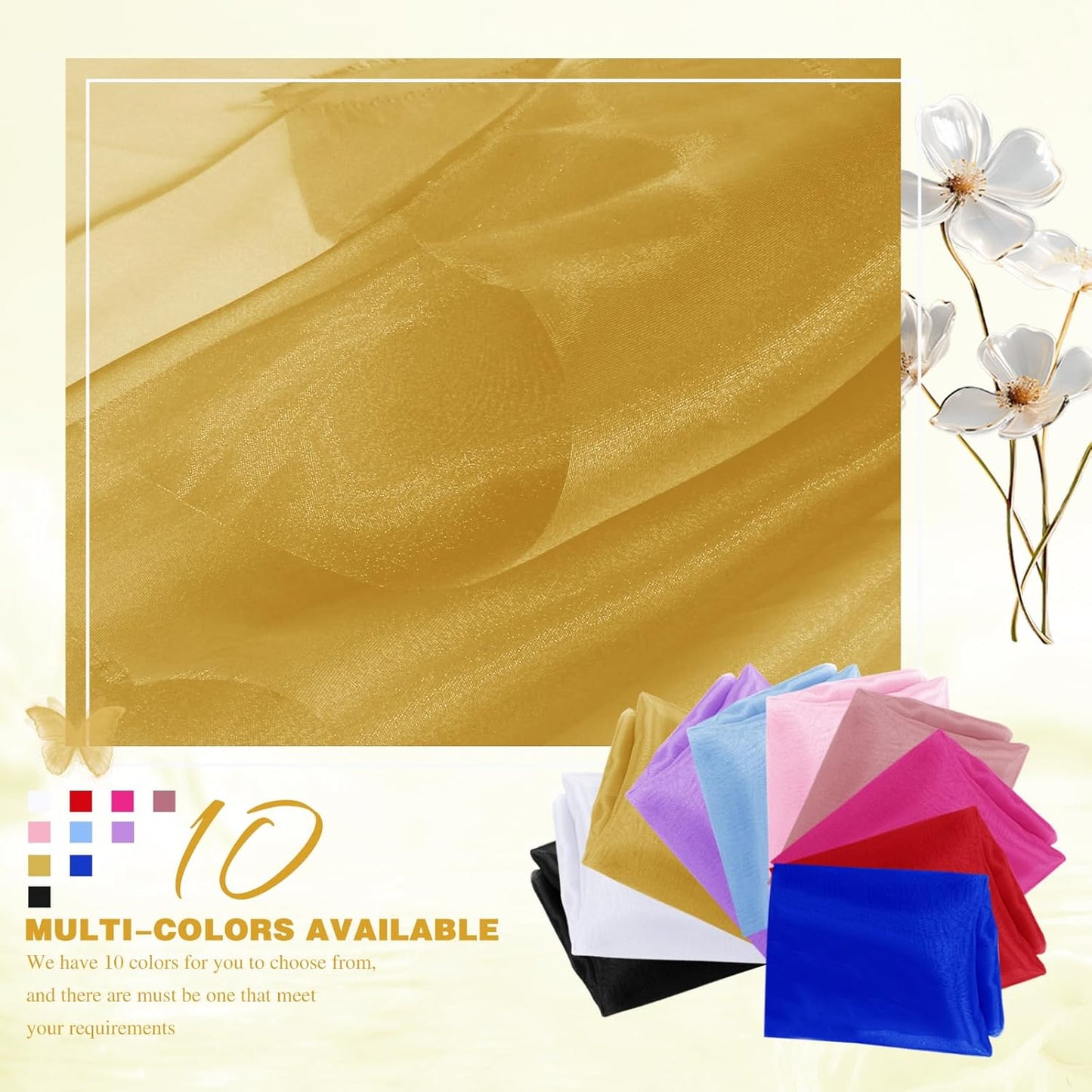 VACVELT Sheer Organza Fabric by The Yard, 60 Inch Wide Gold Organza Fabric Bolt Bridal Sheer Tulle Fabric, Silk Organza Fabric Roll for Wedding Party Decorations Backdrop Curtain (10 Yards)