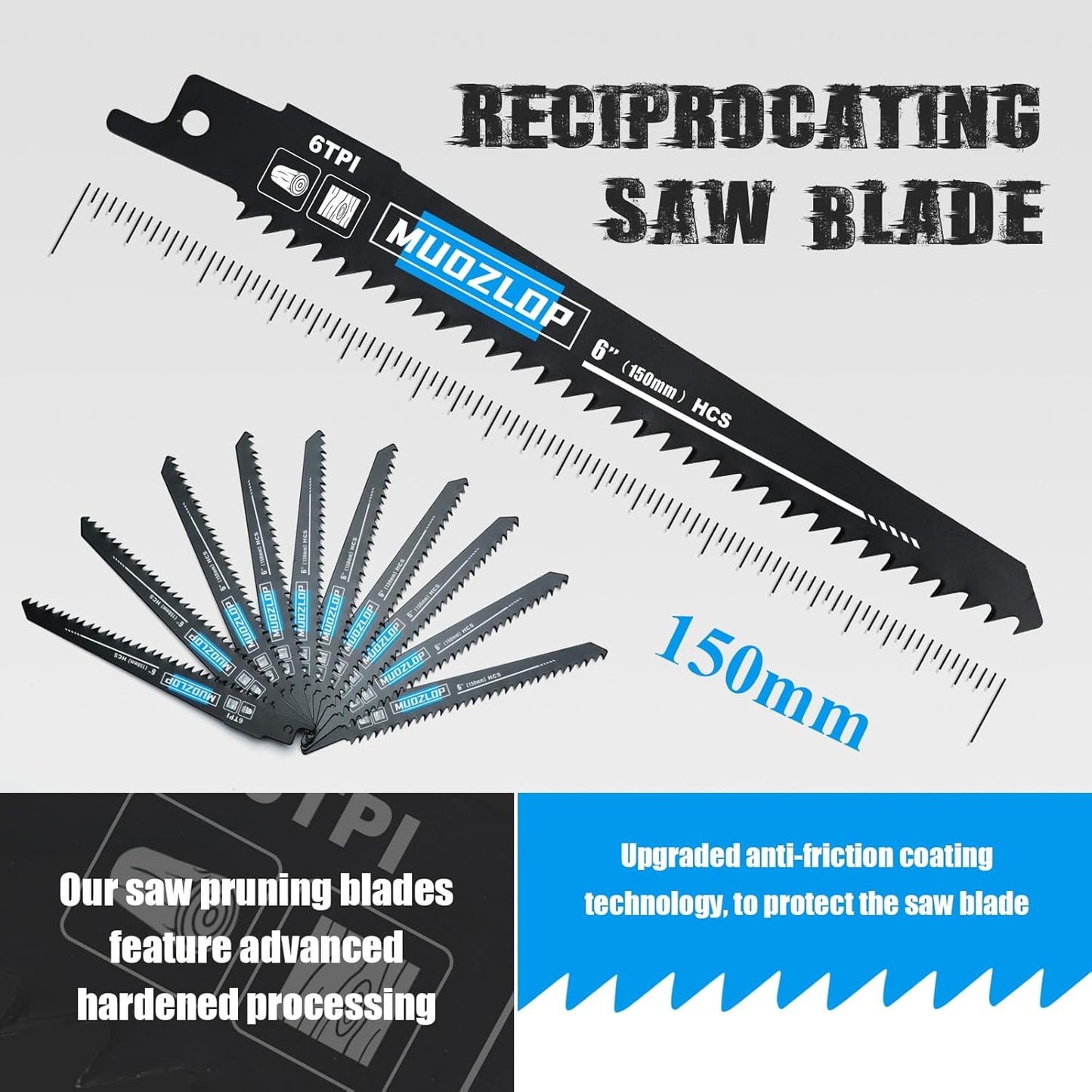 10Pack 6 inch Reciprocating Saw Blades Set,6TPI High Carbon Saw Blades, Woodcutting Saw Blades with Organizer Case (10, 6TPI/150mm)