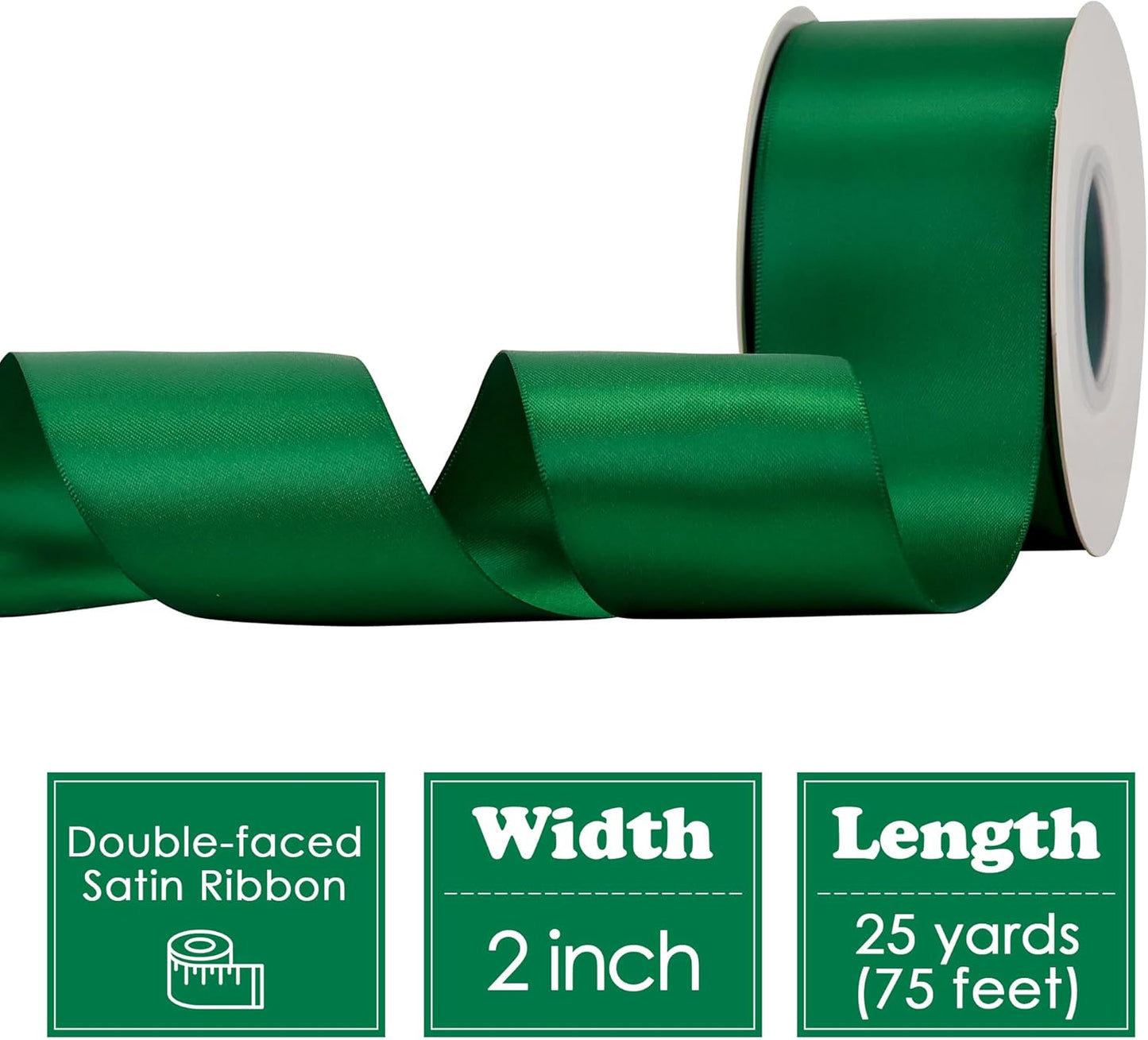 HUIHUANG Forest Green Ribbon 2 inch Double-Faced Forest Green Silk Fabric Ribbon for Christmas, Crafts, Bows Making, Flower Bouquet Wrap, Gift Wrapping, Home Decor, Hairs-25 Yards/Roll