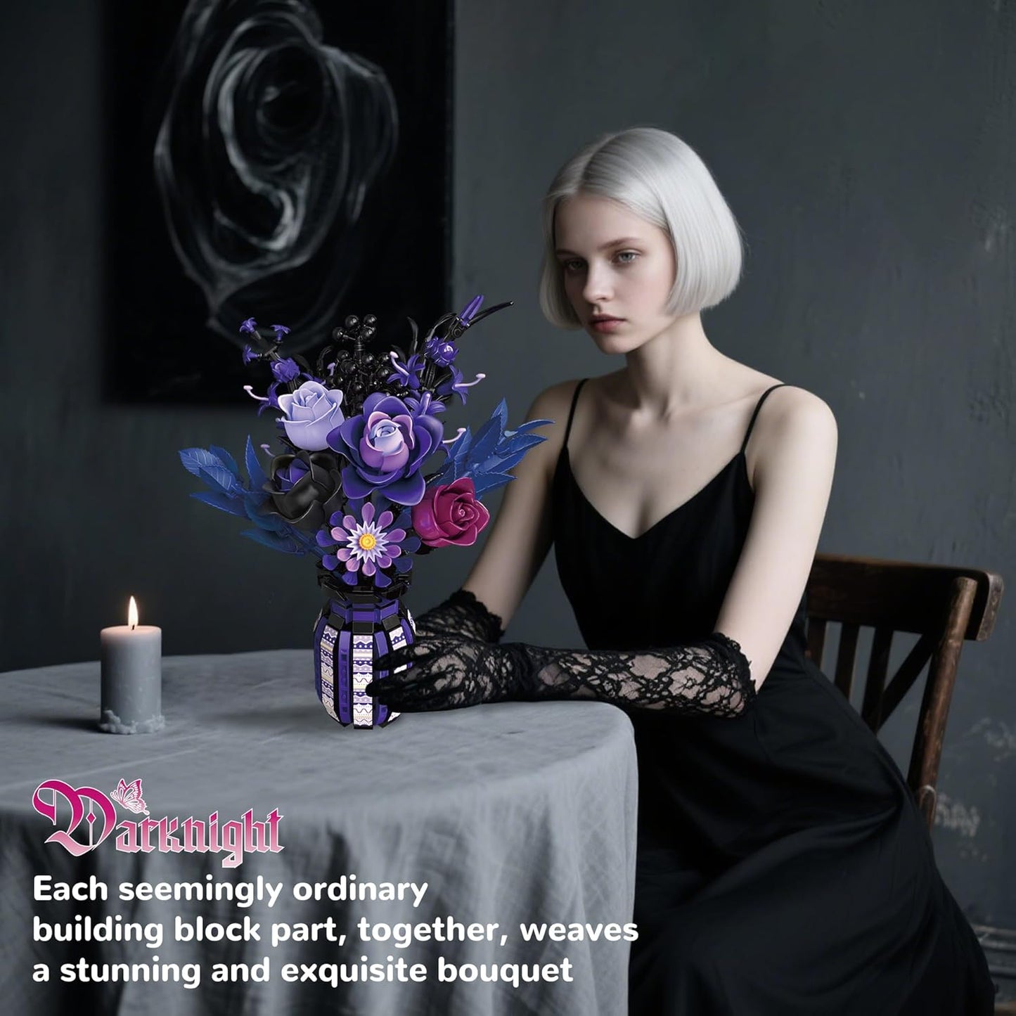 Flowers Bouquet Building Set Roses Purple Compatible with Lego Botanical Collection Gothic for Women Adults Girls 14+ Home Office Decor