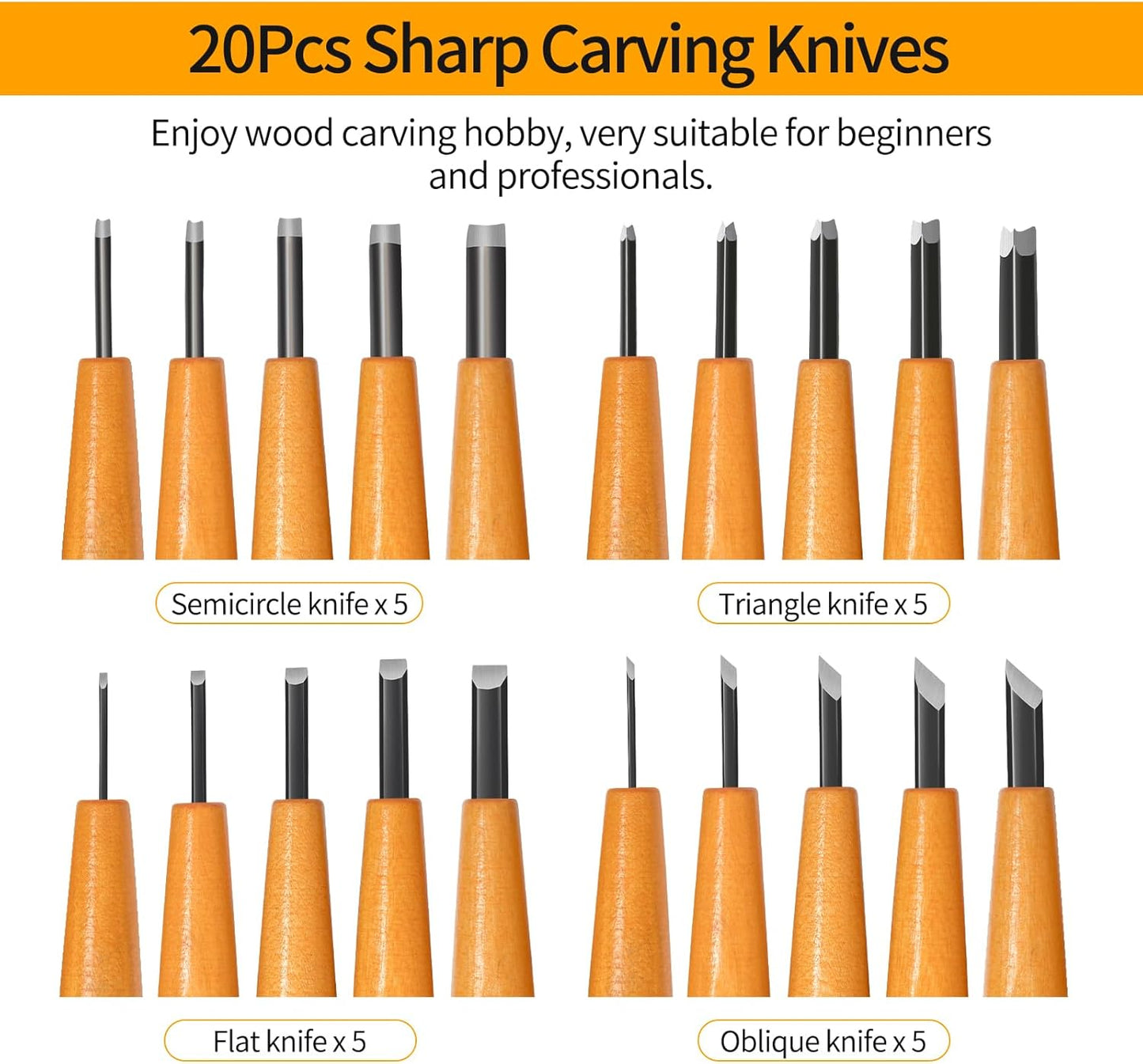 Wood Carving Tools Set - 20 Pcs Wood Carving Knife Set Beginner Whittling Kit with Canvas Case for Adults Children, Carving DIY Wood Carving Kit - Perfect for Beginners and Experts