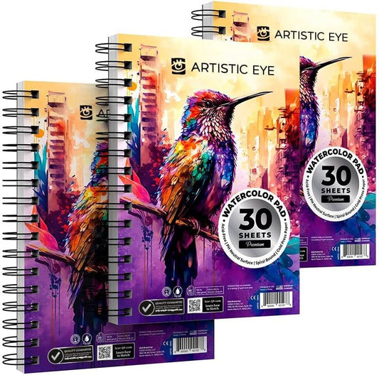 ARTISTIC EYE 5.5x8.5 Premium Watercolor Pads, Pack of 3 (90 Sheets), Spiral Bound, 140lb (300gsm), Acid-Free Paper, Perfect for Most Wet & Dry Media, Ideal for Beginners, Artists & Professionals