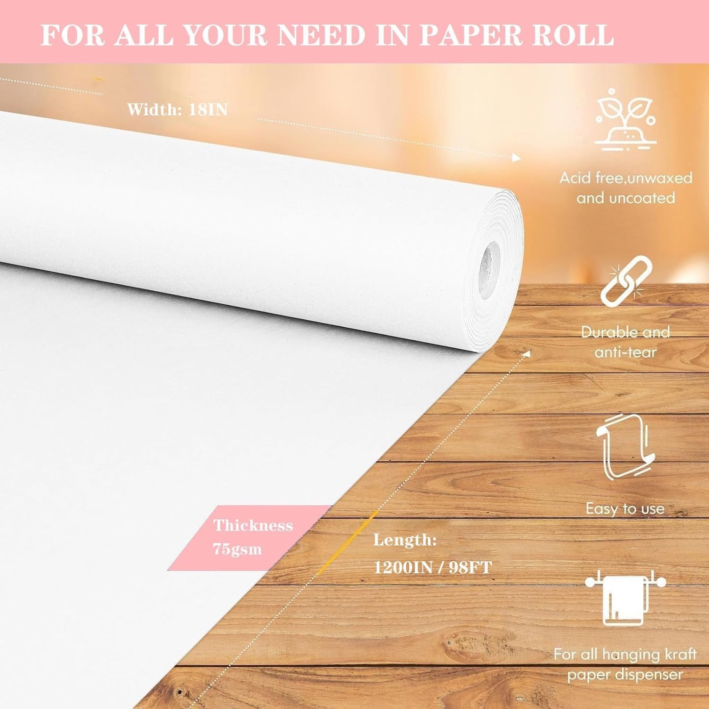 White Wrapping Paper Roll 18"x 1200" Craft Paper Roll for Drawing Painting Art Supplies, White Paper for Easel Poster Bulletin Board, Kraft Paper Roll for Packing Moving, Gift Wrapping