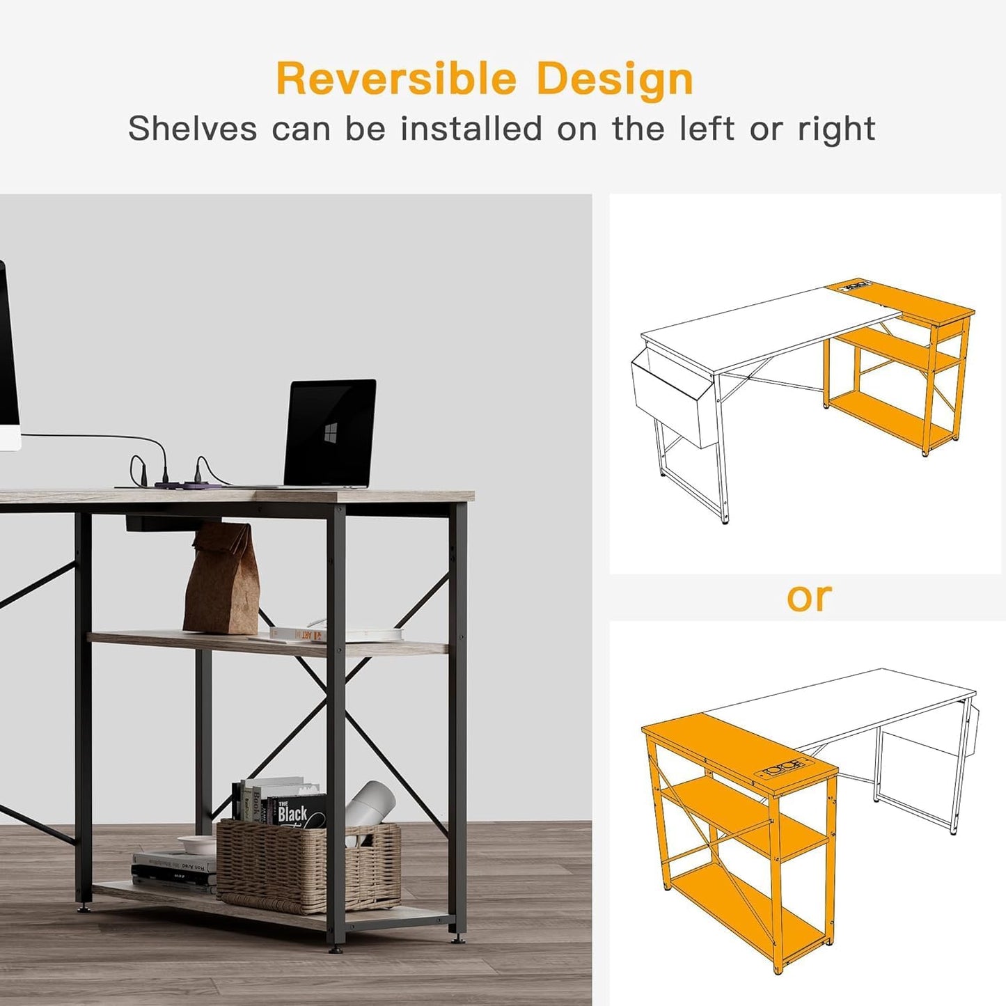 TIQLAB L Shaped Computer Desk with Power Outlets, 55 Inch Small Corner Desk with Reversible Shelves, Gaming Desk Computer Table Study Writing Desk for Home Office Small Space, Gray