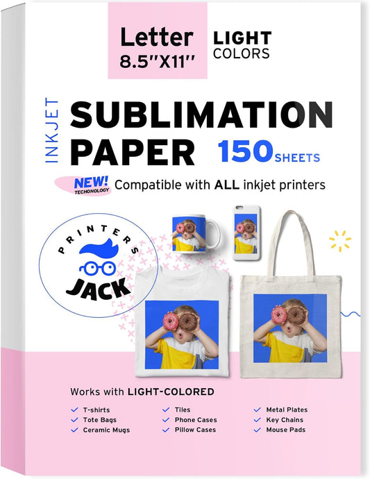 Printers Jack Sublimation Paper - 8.5 x 11 Inches, 150 Sheets 120 gsm for Any Inkjet Printer with Sublimation Ink, Heat Transfer Sublimation for T-shirt, Mugs, Light Fabric