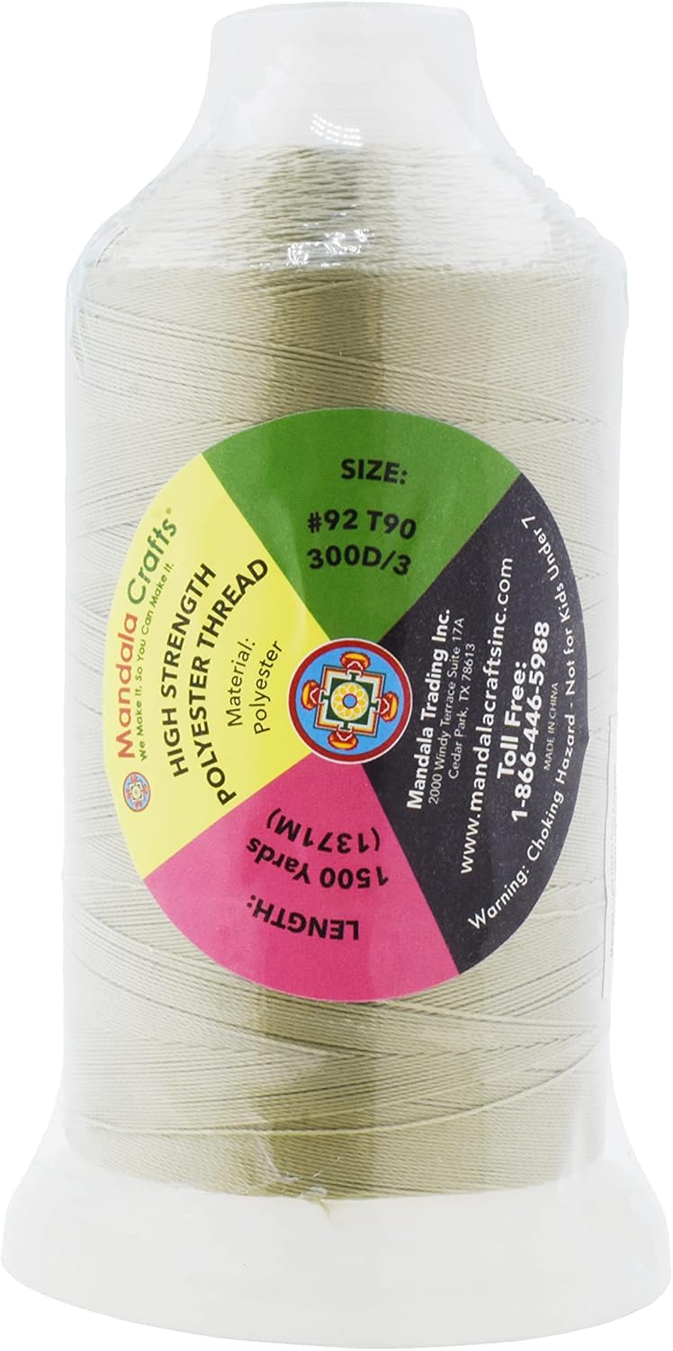 Mandala Crafts Cream Heavy Duty Thread - 1500 Yds Tex 90 for Sewing, Drapery, Jeans, Leather, Hair, Bonded Polyester Outdoor Marine Upholstery