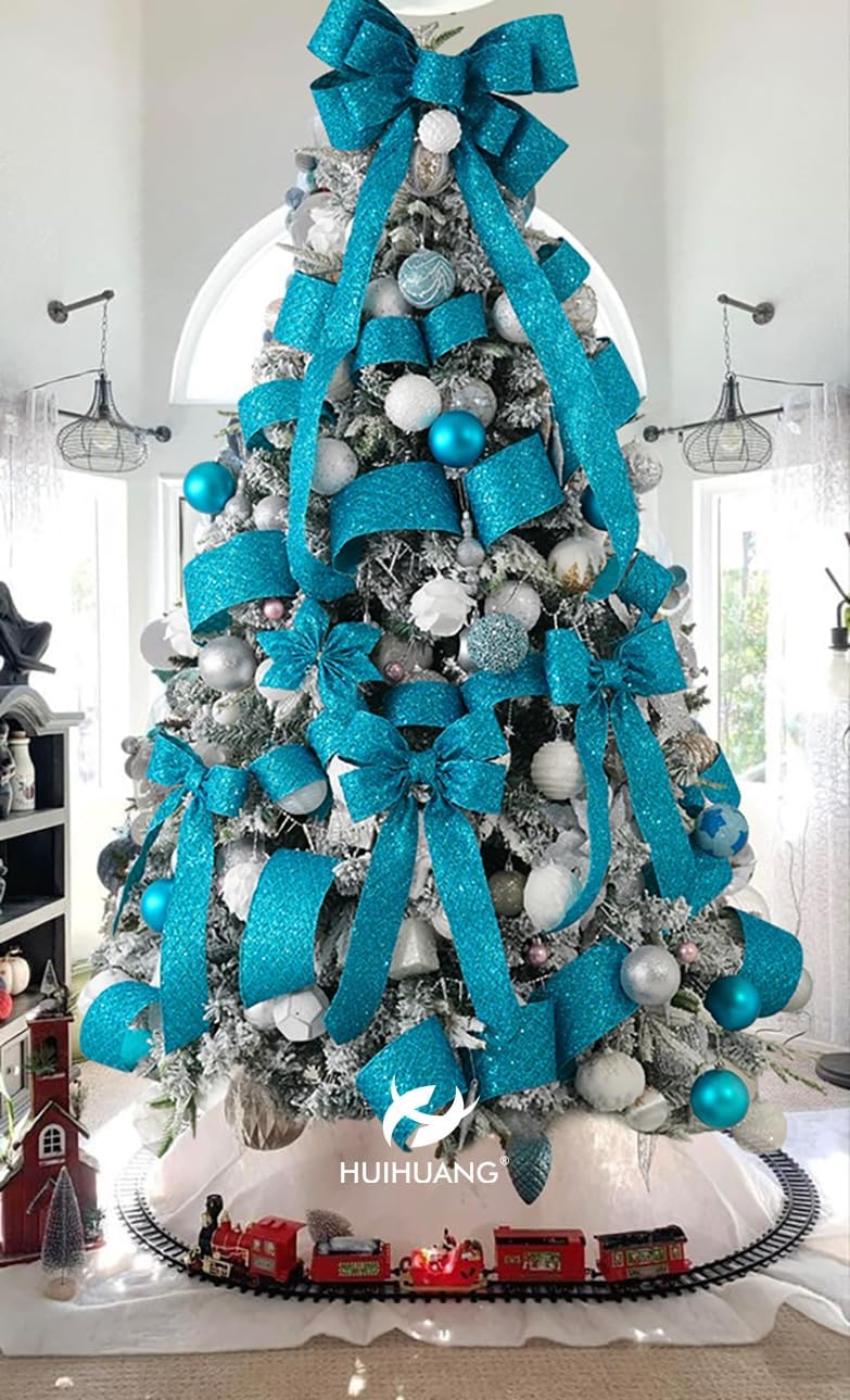 HUIHUANG Turquoise Glitter Wired Ribbon for Christmas Tree 2.5 inch Peacock Blue Diamond Mesh Ribbon for Tree Decoration, Wreaths, Garland, Gift Wrapping, Large Bows Making, Home Decor -10 Yards