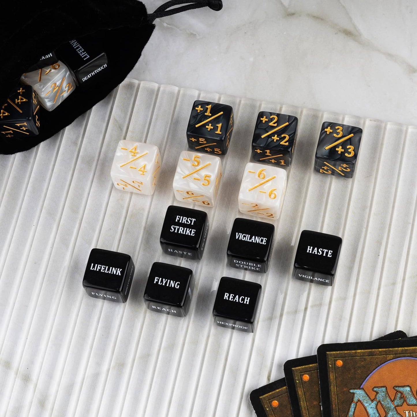 48 PCS MTG Dice Counters Bulk Black Ability Keywords Counter Marble Life Buff Tokens Dice Compatible with Magic The Gathering Cards Game Accessories