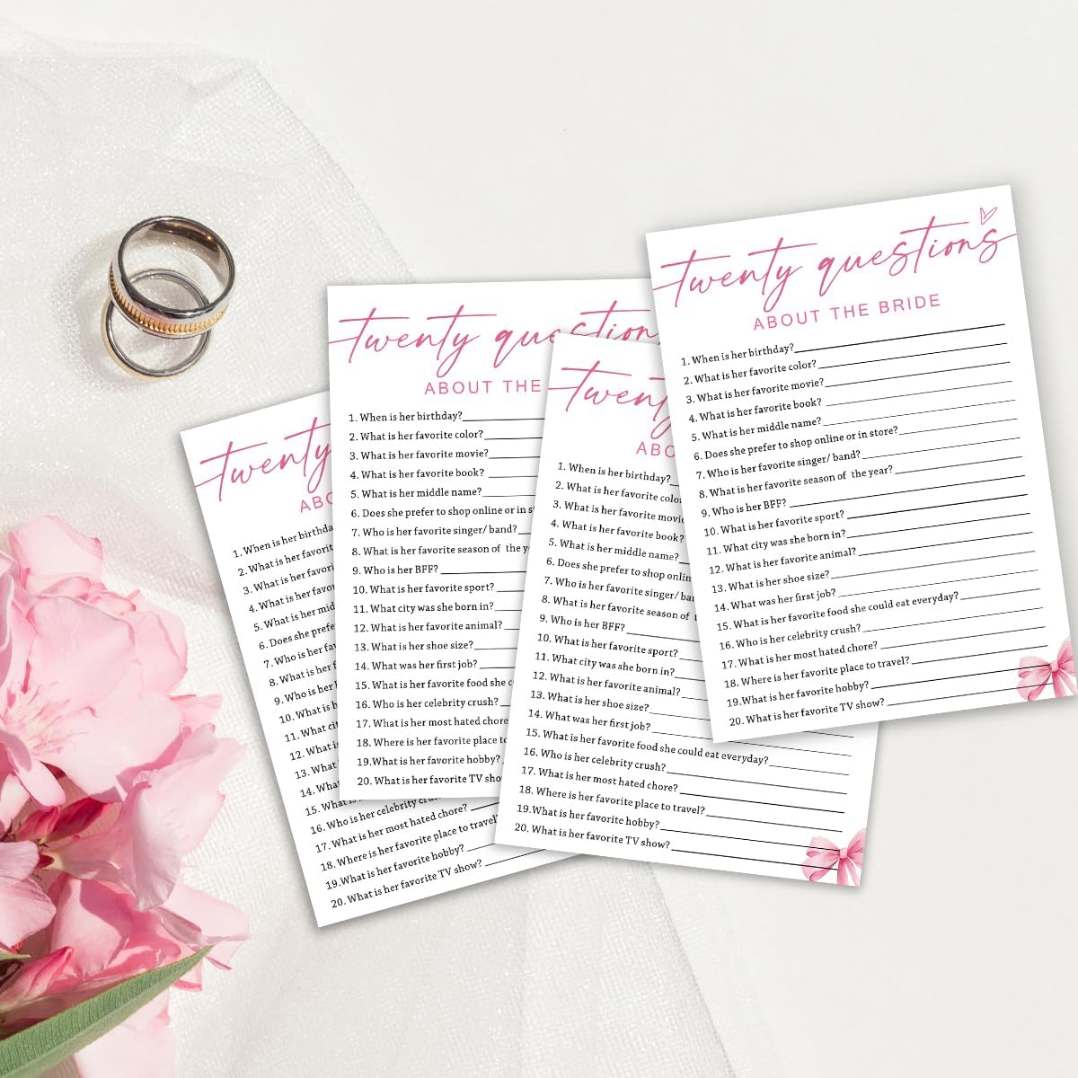 Wedding Shower Games Cards, Twenty Questions About The Bride, Bridal Shower Games 25 Guests, Engagement Party Wedding Games for Guests, Pink Ribbon Bow Wedding Party Supplies - E05