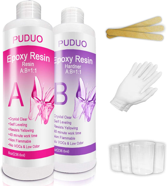 Epoxy Resin Crystal Clear Kit for Art, Jewelry, Crafts, Coating- 16 OZ Including 8OZ Resin and 8OZ Hardener | Bonus 4 pcs Measuring Cups, 3pcs Sticks, 1 Pair Rubber Gloves by Puduo