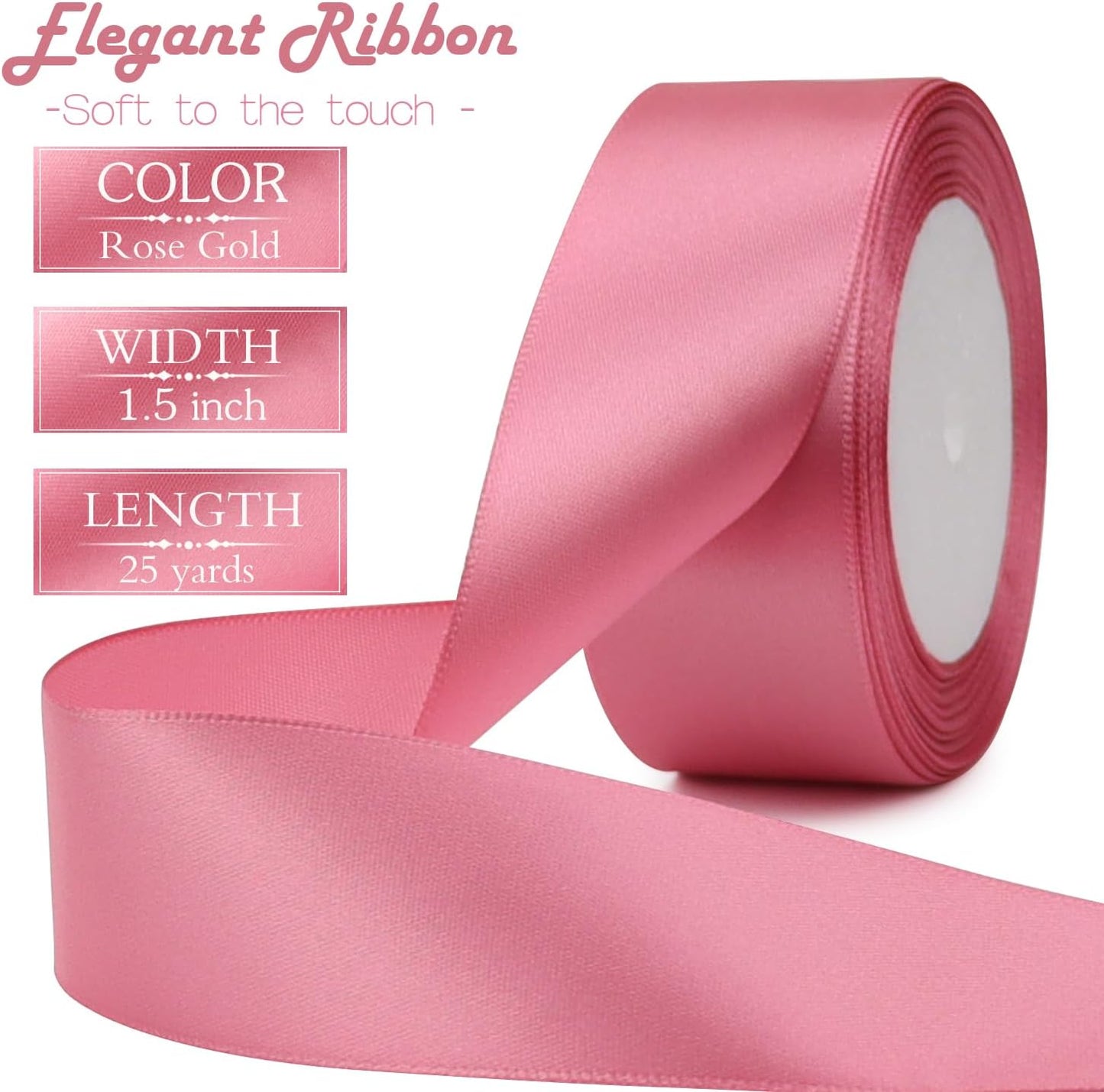 Rose Gold Solid Satin Ribbon 1-1/2 Inch 25 Yards Solid Polyester Fabric Ribbon for Gift Wrapping Wedding Christmas Baby Shower Birthday Party Decoration Handmade Immortal Flower Craft