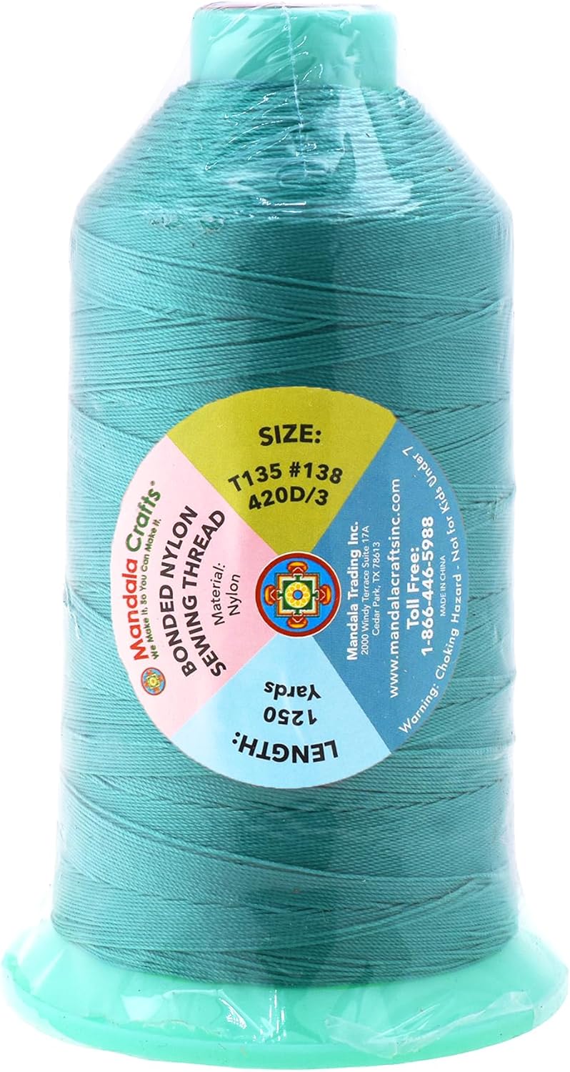 Mandala Crafts Bonded Nylon Thread Turquoise Heavy Duty Sewing Threads - 1250 YDs Size 138 420D T135 Tex 135 Thread for Leather Jeans Weaving Outdoor Marine Upholstery Threads
