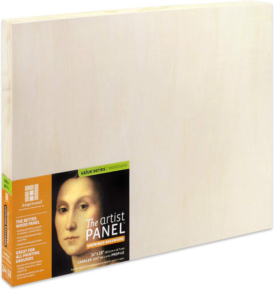 Ampersand Art Supply Unprimed Basswood Artist Panel, 1-1/2" Cradled Profile, 14"x18"