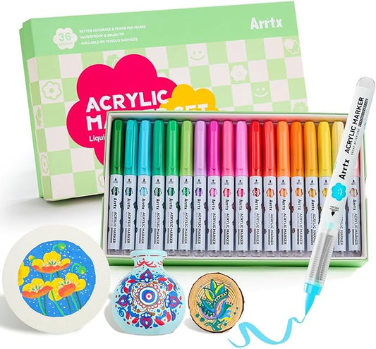 Arrtx 36 Colors Acrylic Paint Pens for Rock Painting, Brush Tip Acrylic Pen, Acrylic Markers, Waterproof Paint Marker, Art Supplies for Stone, Glass, Egg, Wood, DIY Crafts
