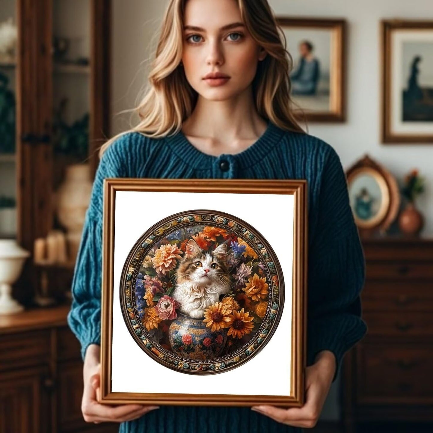 Wooden Puzzles Adults, Beautiful Tricolor Cat Wooden Puzzles 200 Pieces, Unique Animal Shaped Wood Challenging Jigsaw Puzzles Gifts for Adults, 11.4x11.4in