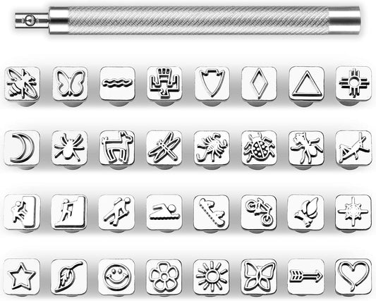 33 PCS Leather Stamping Tool Set, 32 PCS Leather Stamps Patterns + 1 Stamping Handle for Craft, Quality Craft Tool Stamp Set for DIY Beginners and Professionals
