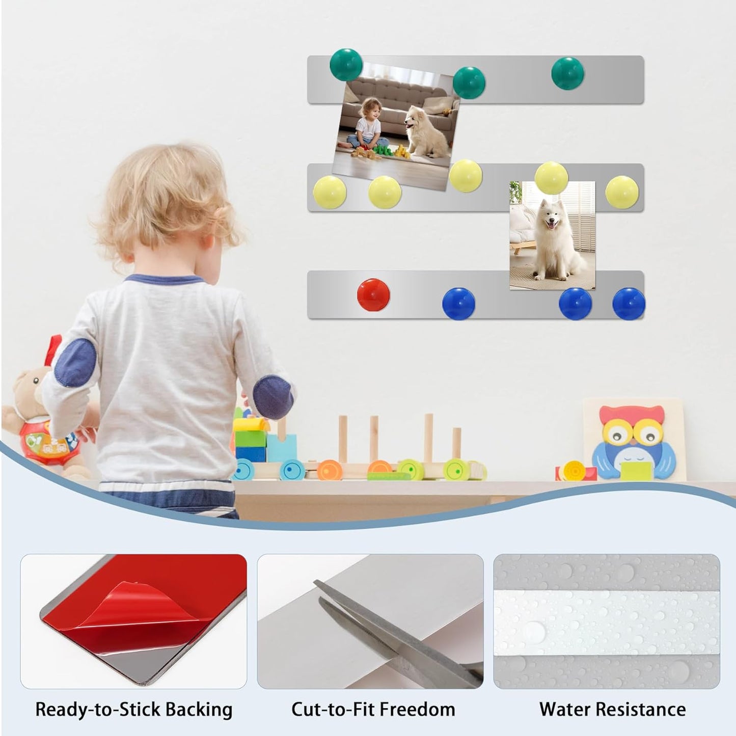 6Pcs 15''L x 1.97''W Frameless Magnetic Bulletin Strip with 48pcs Magnets, Self Adhesive Backing Stainless Iron Bar Memo Board for School, Home, Office