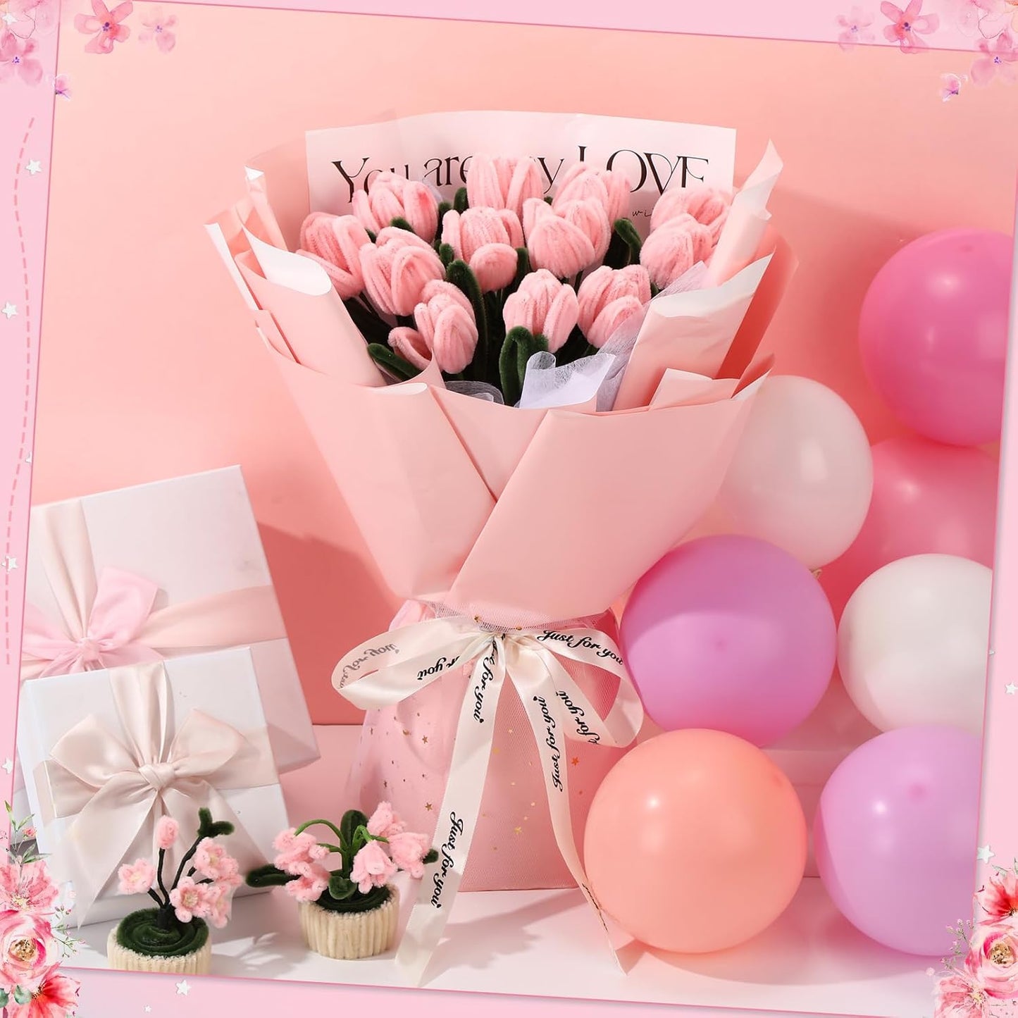 DaisyInner 700 Pcs Halloween Fall Pipe Cleaners Craft Bulk Pastel Chenille Stems Flower DIY Gradient Colored Fluffy for School Classroom Thanksgiving Christmas Party Supplies(Pink,Green)