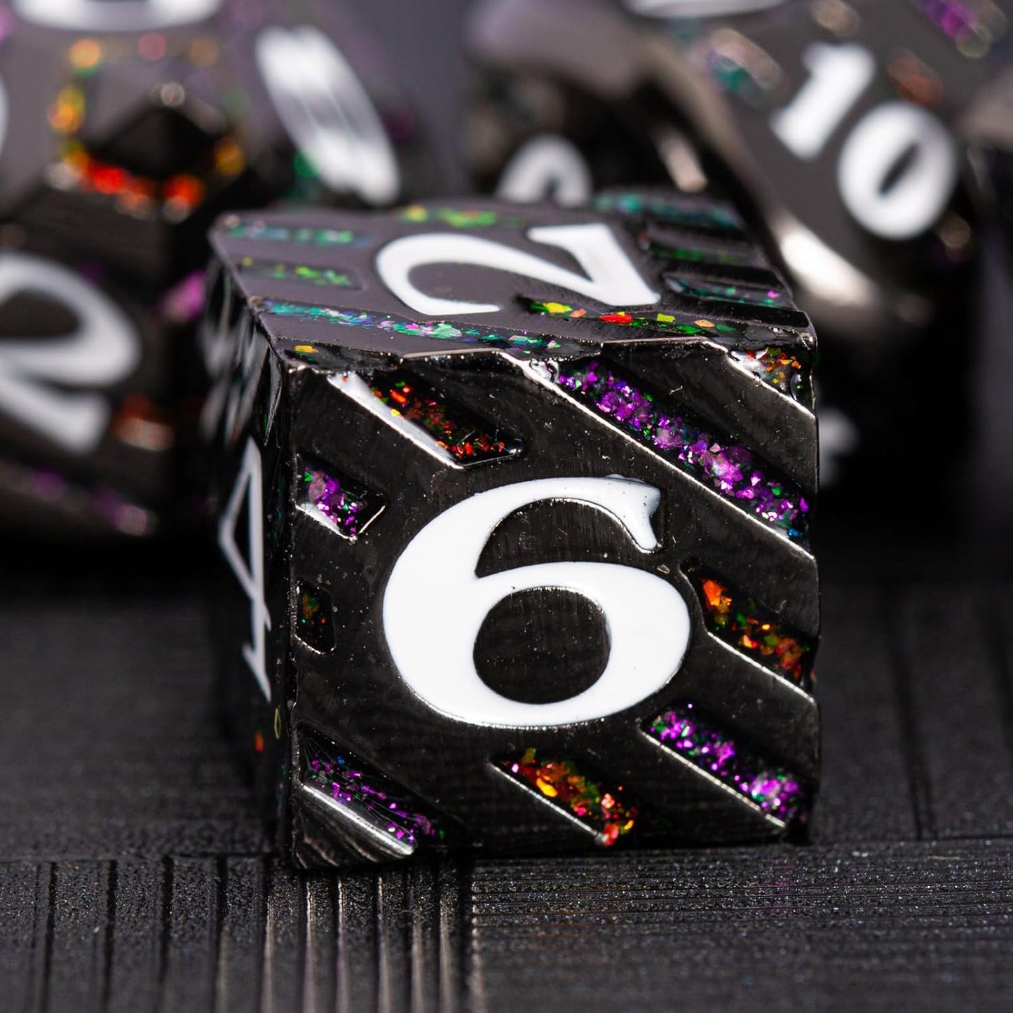 Metal Dice Set DND,Metallic Glitter Stripes D&D Dice Set,7 PCS Polyhedral Dice Set with Gift Case for Dungeons and Dragons Tabletop Game(Black Nickel Bicolor)