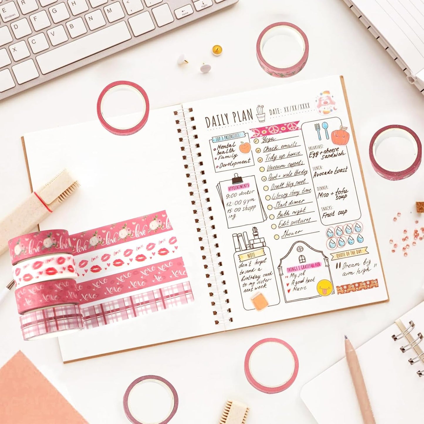 12 Rolls Pink Heart Washi Tape Set, Valentine's Day Love Heart Masking Tape Decorative Paper Tape for DIY Craft Wrapping Scrapbook Envelope Wedding Party,16.4FT