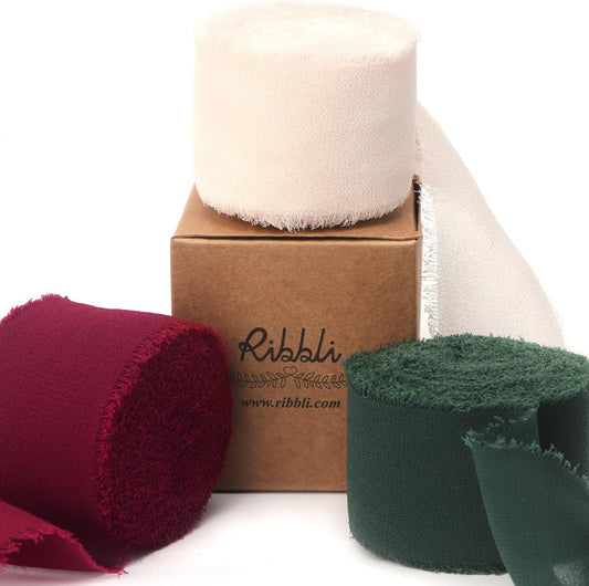 Ribbli Red Cream Green Christmas Ribbon 1.5 Inch x 3 Rolls Total 30 Yards Handmade Fringe Chiffon Silk Ribbon for Gift Wrapping DIY Crafts Home Decor