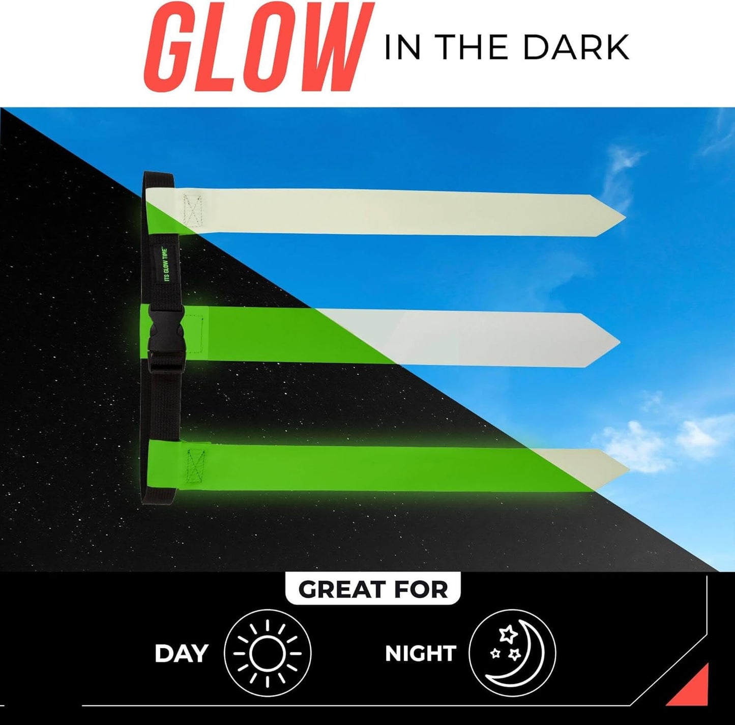 Glow in the Dark Flag Football Belts (Set of 6 with Storage Bag)- Premium Flags for Day or Night- Adjustable Belt Set for Yard Games, Football Party, Glow Party, Camping, Beach Games, Team Building