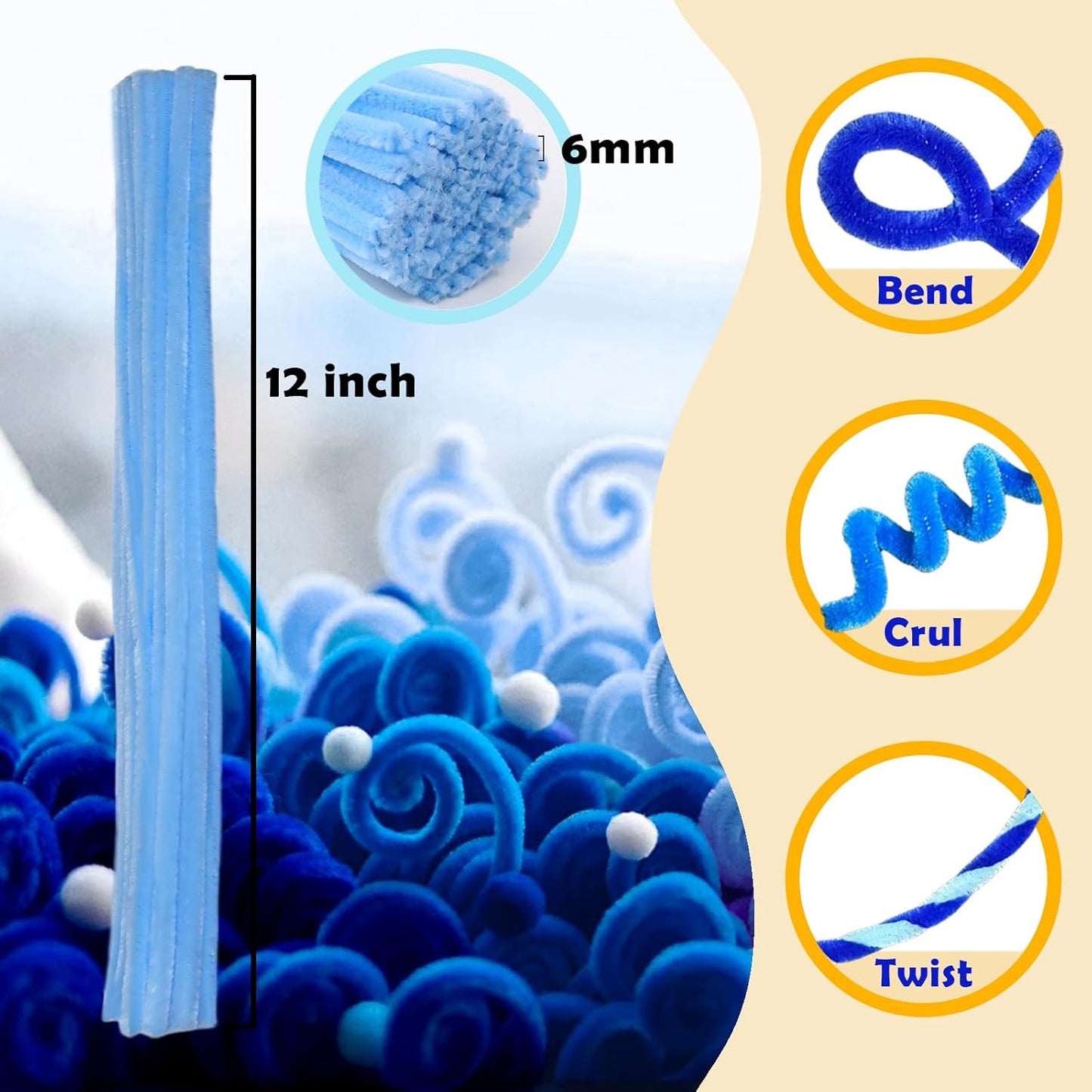 Blue Color Trio Pipe Cleaner Set - 300pcs, Thick Fluffy Chenille Stems for Arts & Crafts, Perfect for Making Animals, Flowers, and Festive Decorations(12 inches x 0.24 inches)