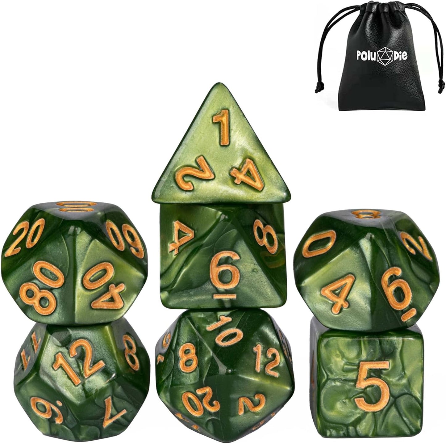 7-Die DND Dice Set Polyhedral Dice Set with a Leather Dice Bag, D&D Dice Set for Dungeons and Dragons, RPG Table Games (Green)