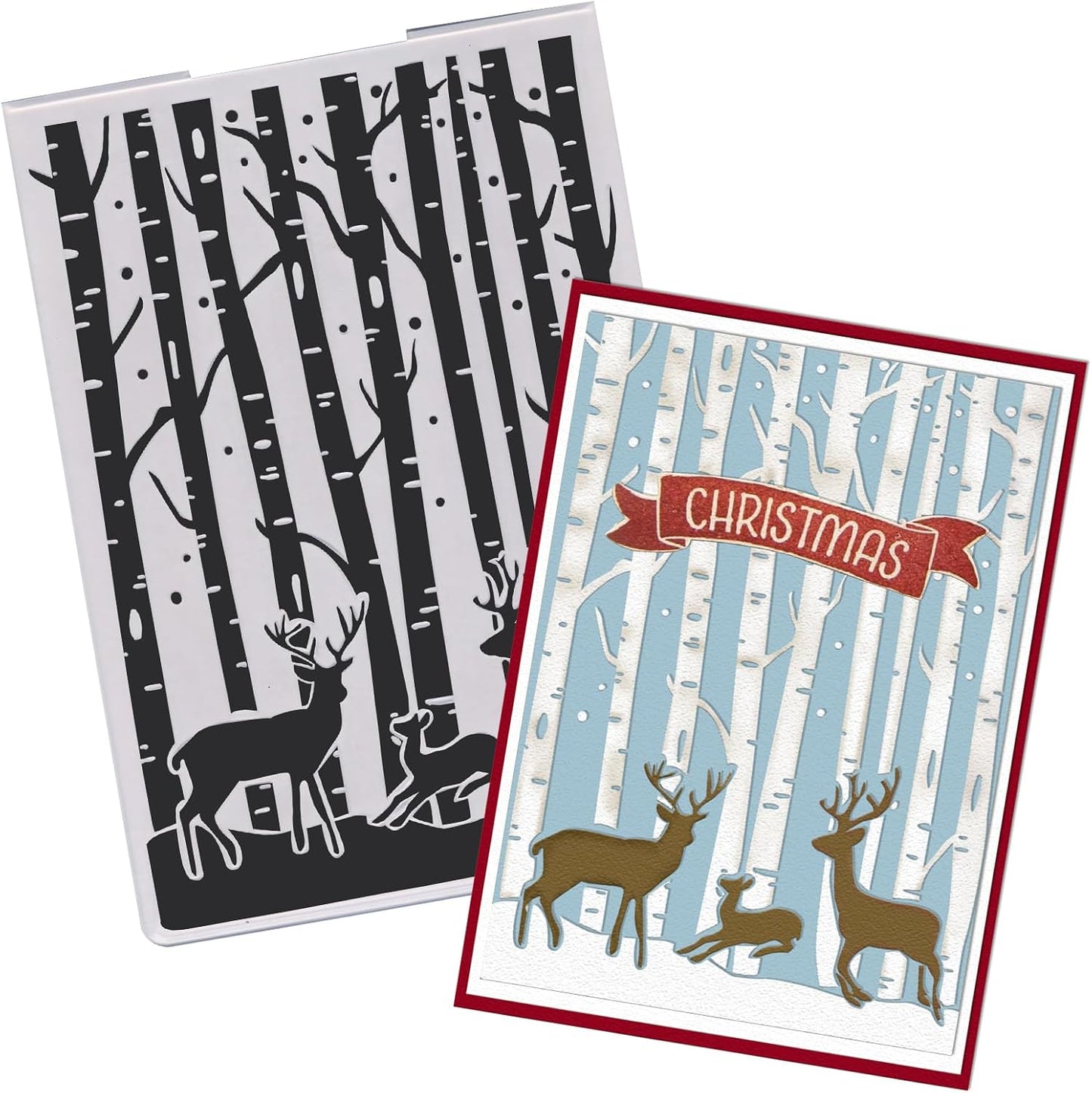 Threetols 3-D Textured Christmas Embossing Folder, Elk Background Embossing Folder for Card Making, Forest Frame DIY Plastic Scrapbooking Photo Album Card Paper DIY Craft Decor Template Mold