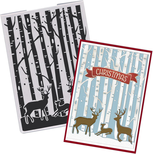 Threetols 3-D Textured Christmas Embossing Folder, Elk Background Embossing Folder for Card Making, Forest Frame DIY Plastic Scrapbooking Photo Album Card Paper DIY Craft Decor Template Mold