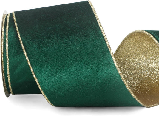 Ribbli Forest Green Velvet Wired Ribbon 4 Inch Green Velvet with Gold Glitter Christmas Ribbon for Christmas Tree Decoration Big Bow Gift Wrapping Crafts Wreaths Supplies- 10 Yards
