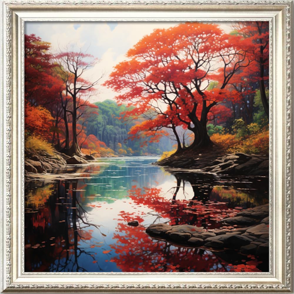 Leczany Cross Stitch Stamped Kit for Adults or Kids - Beautiful Riverside Scenery | DIY Embroidery Starter Patterns Craft Kit Needlepoint for Beginner | 11CT, 3 Strands | 17.7x17.7 inches