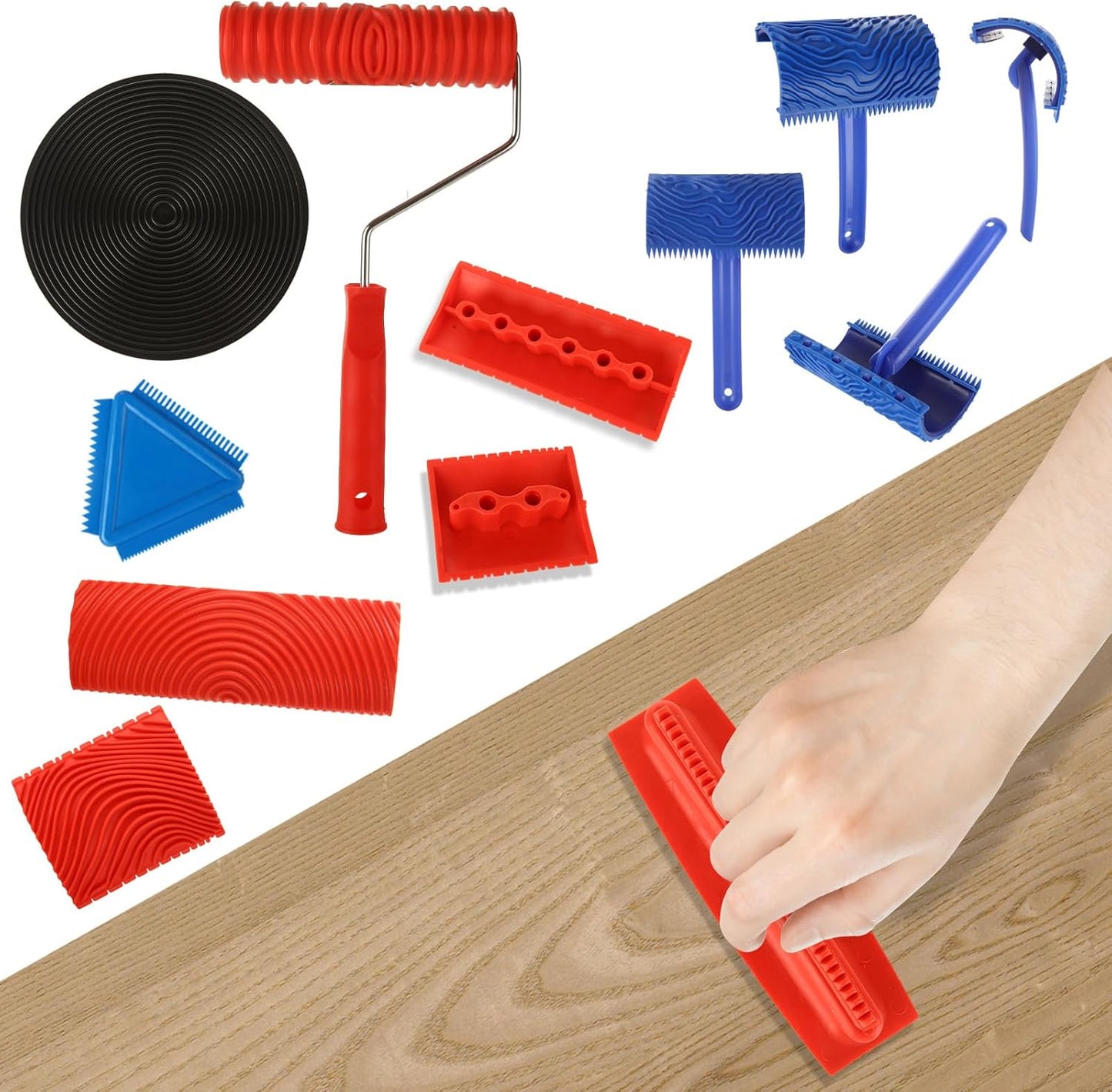 8 PCS Wood Grain Tool Set, 7" Textured Pattern Roller with Handle, Rubber Wood Graining Tool for Wall Floor Furniture Wood Pattern Art Decoration