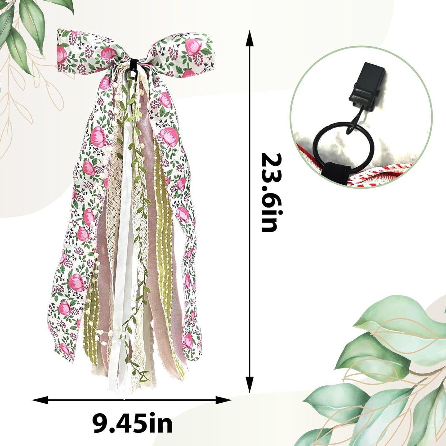 Large Flower Ribbon Bow for Wreath, Pink Floral Fabric Ribbons Set Assorted Leaves Lace Ribbon Green Dot Clip-On Wreath Sash Ribbons Bundle for Home Indoor Outdoor Decor