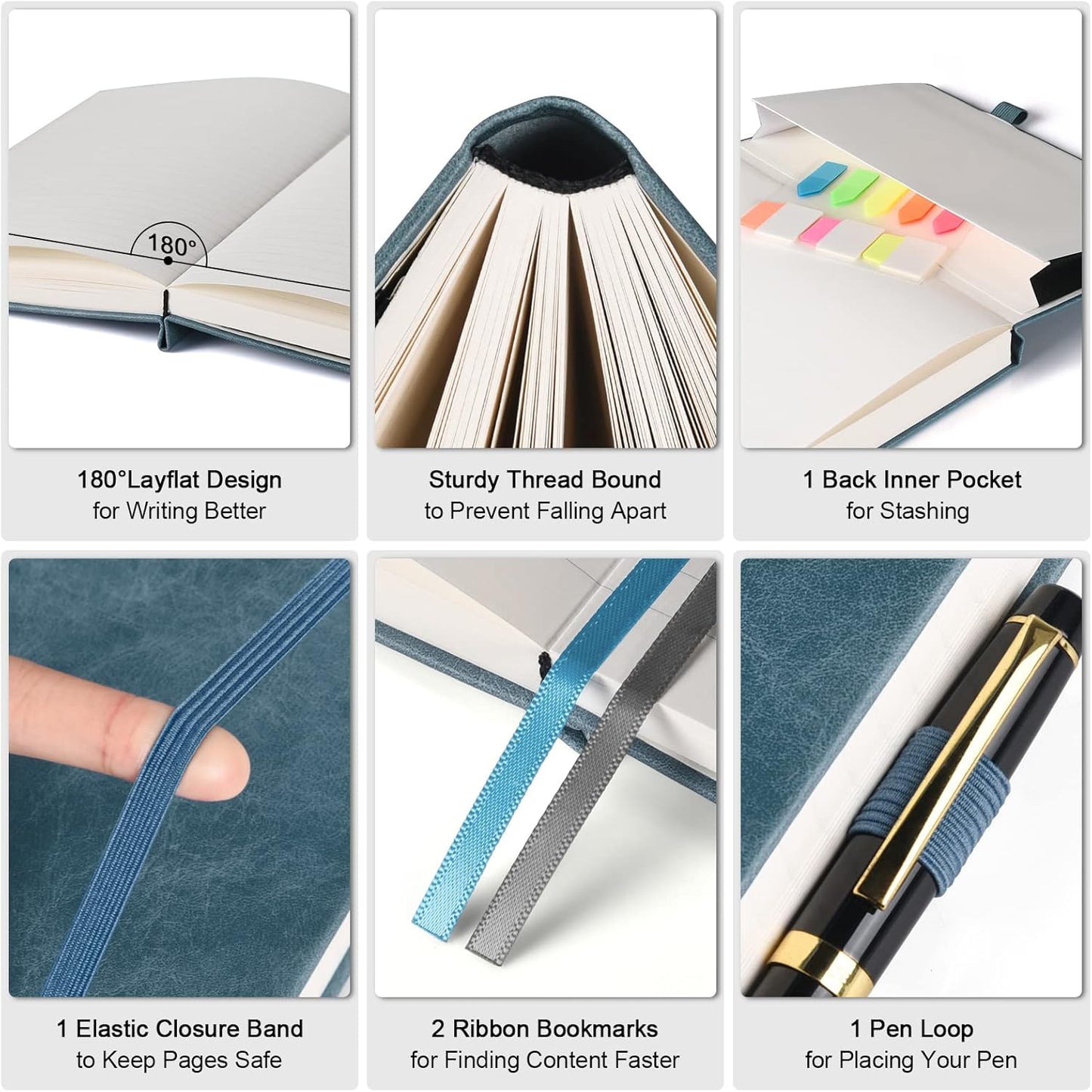 Lined Journal Notebook, Large A5 College Ruled Notebook, 312 Numbered Pages Work Notebook with Index Stickers, 100gsm Paper, Hardcover Vegan Leather Journal for Women Men School Office, Grey Blue