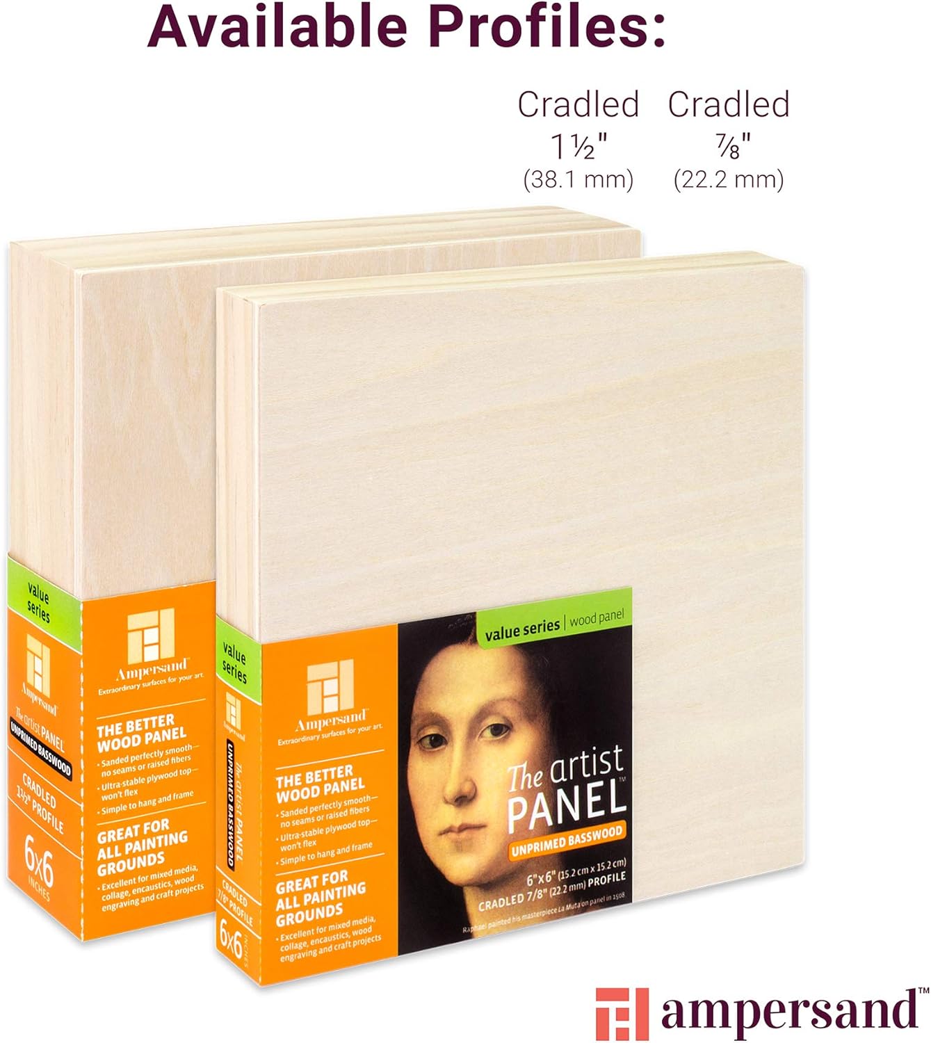 Ampersand Art Supply Unprimed Basswood Artist Panel, 1-1/2" Cradled Profile, 14"x18"