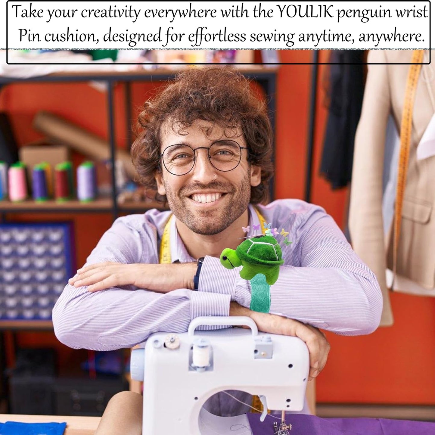 Cute Turtle Wrist Pin Cushion for Sewing with Magnetic, Snap Bracelet Wrist Bands for Pins and Needles Include 50 Lovely Butterfly Straight Pins.