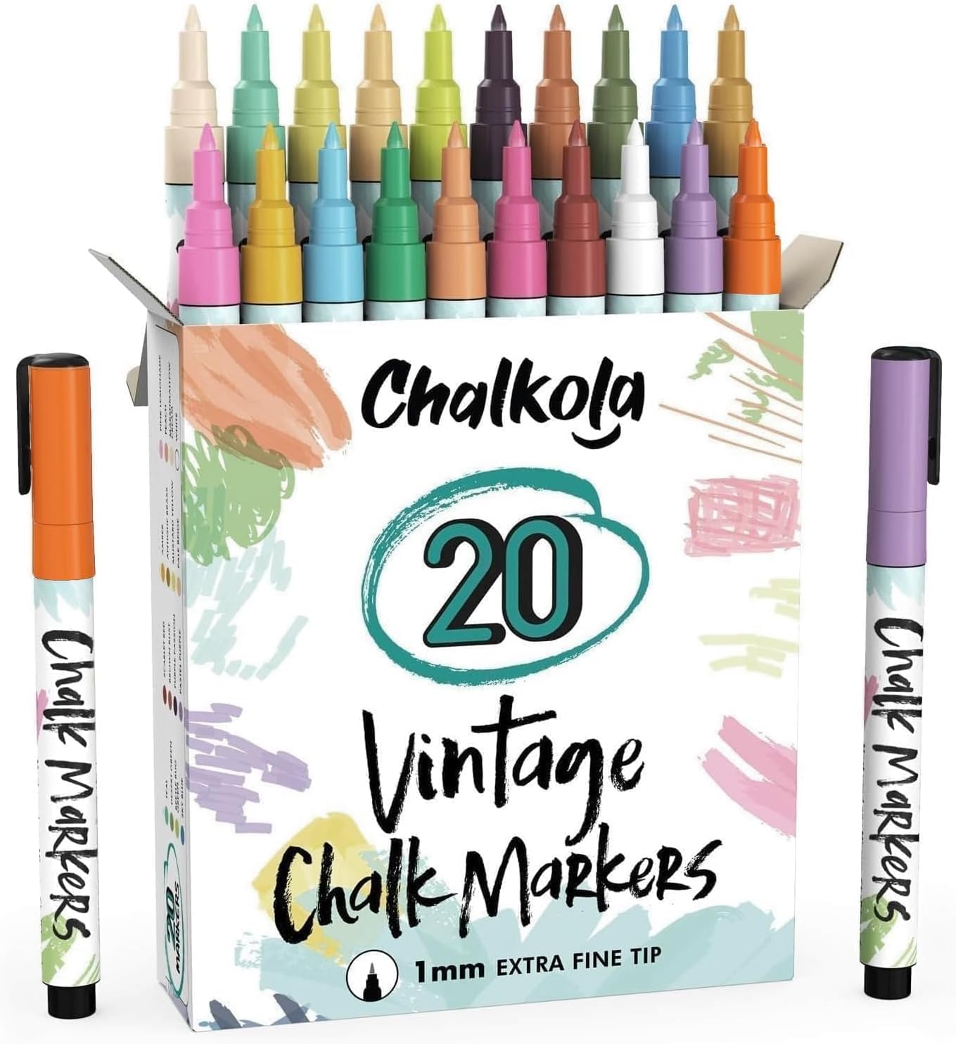 Extra Fine Tip Liquid Chalk Markers for Chalkboard (1mm, 20 Vintage Colors) - Dry Erase Marker Pens for Blackboard, Windows, Signs, Bistro - Thin Point, Erasable, Pastel Chalkboard Markers Pen